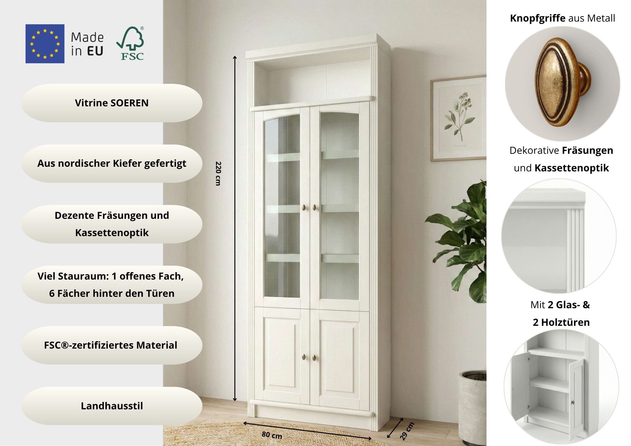GOODproduct Vitrines »Soeren Regal mit 2 Glastüren und 2 Holztüren, B/TH: 80/29/220 cm« Kiefer FSC®-zertifiziert, 1 offenes Fach, 6 Fächer hinter den Türen
