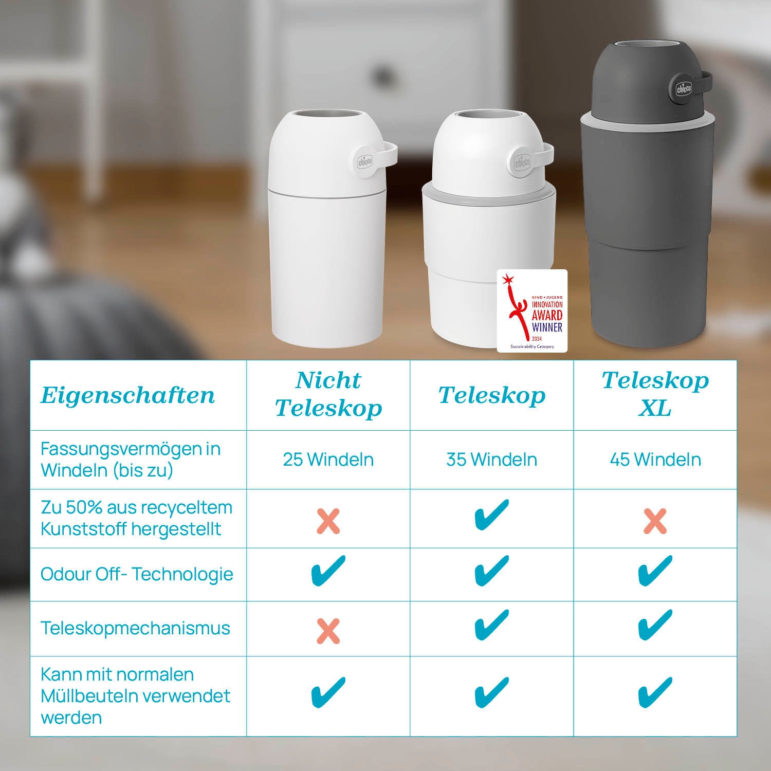 Chicco Seau à couches »Teleskop, Odour off XL« inklusive 1 Pck. Müllbeutel Odour Off und einem Müllbeutelspender