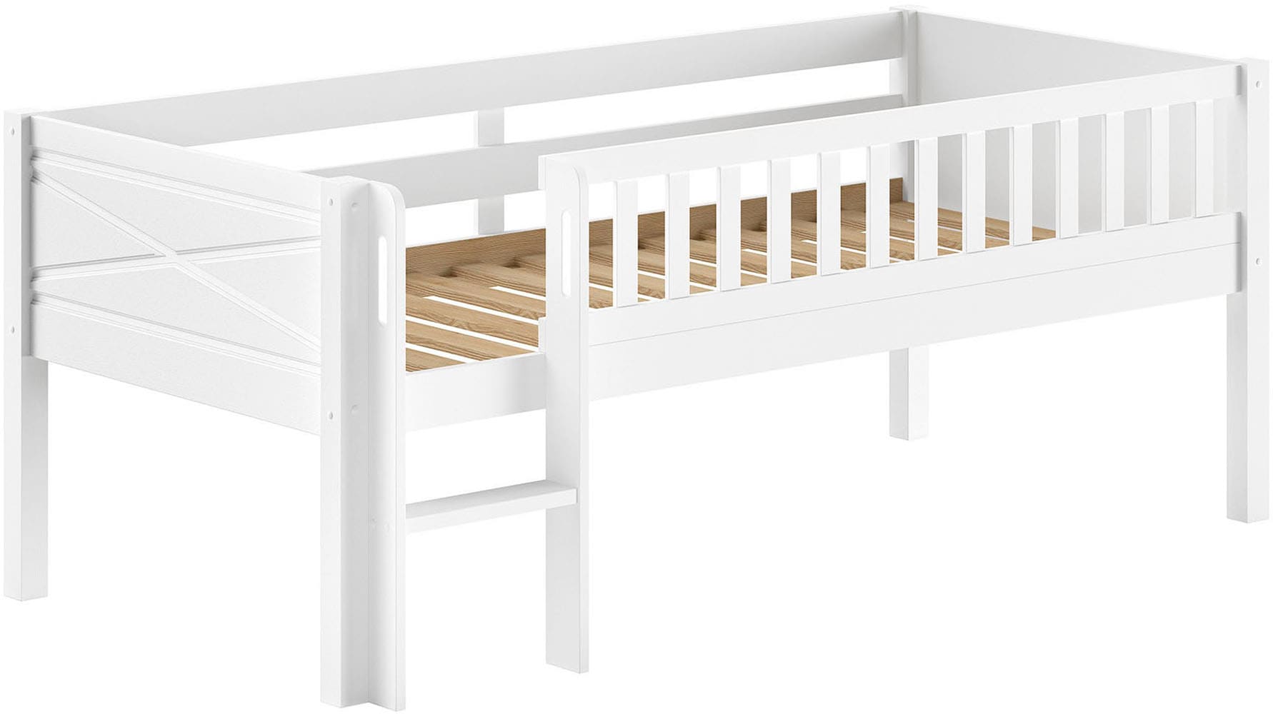 Vipack Spielbett »Scott mit niedriger Einstiegshöhe, inkl. Leiter und Rolllattenrost« in Kiefer massiv, weiss 90x200 cm, wahlweise ohne und mit Rollboxen