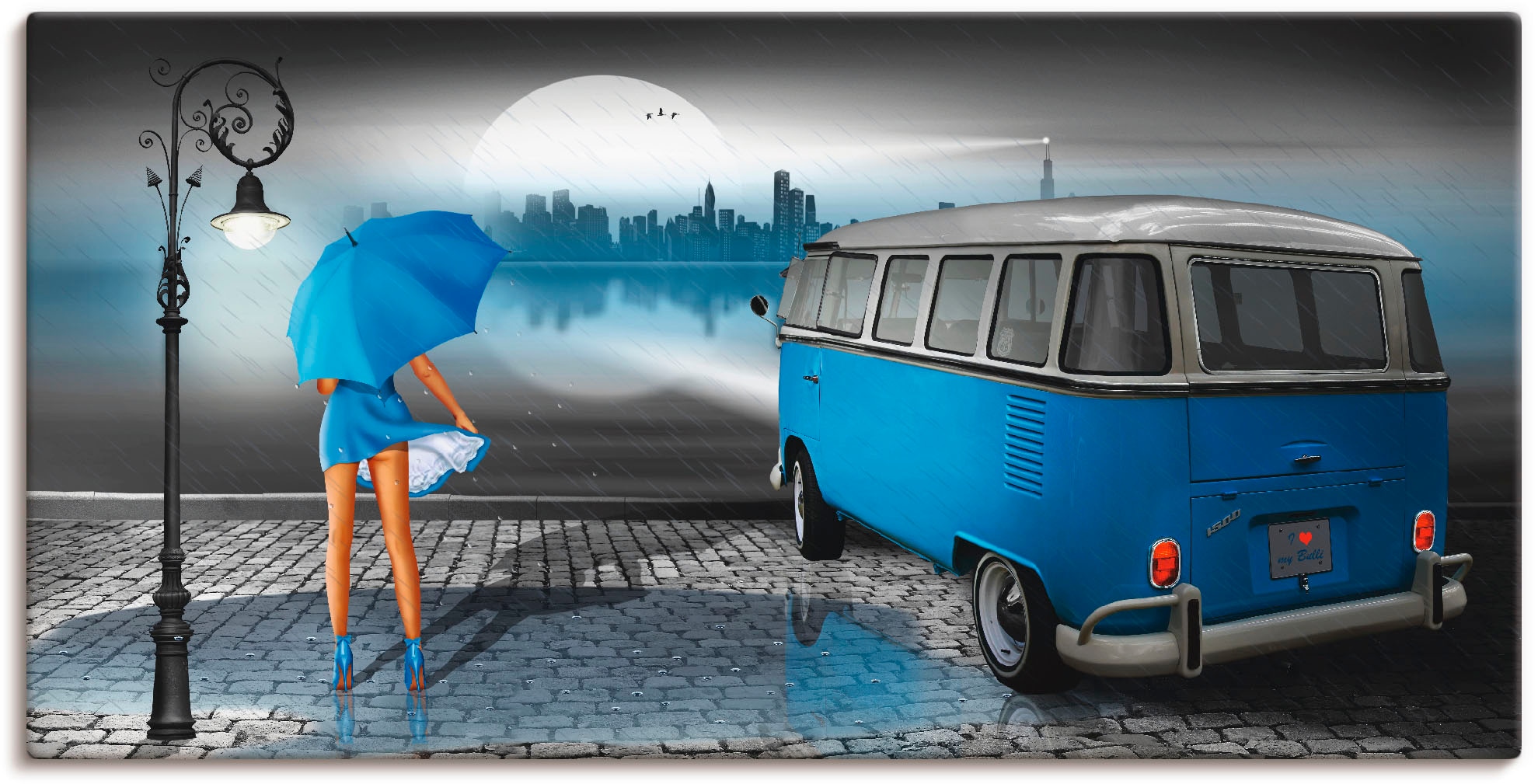 Image of Artland Wandbild "Regennacht in Blau mit Bulli T1" Auto 1 Stk. tlg. als Leinwandbild, Poster in verschied. Grössen