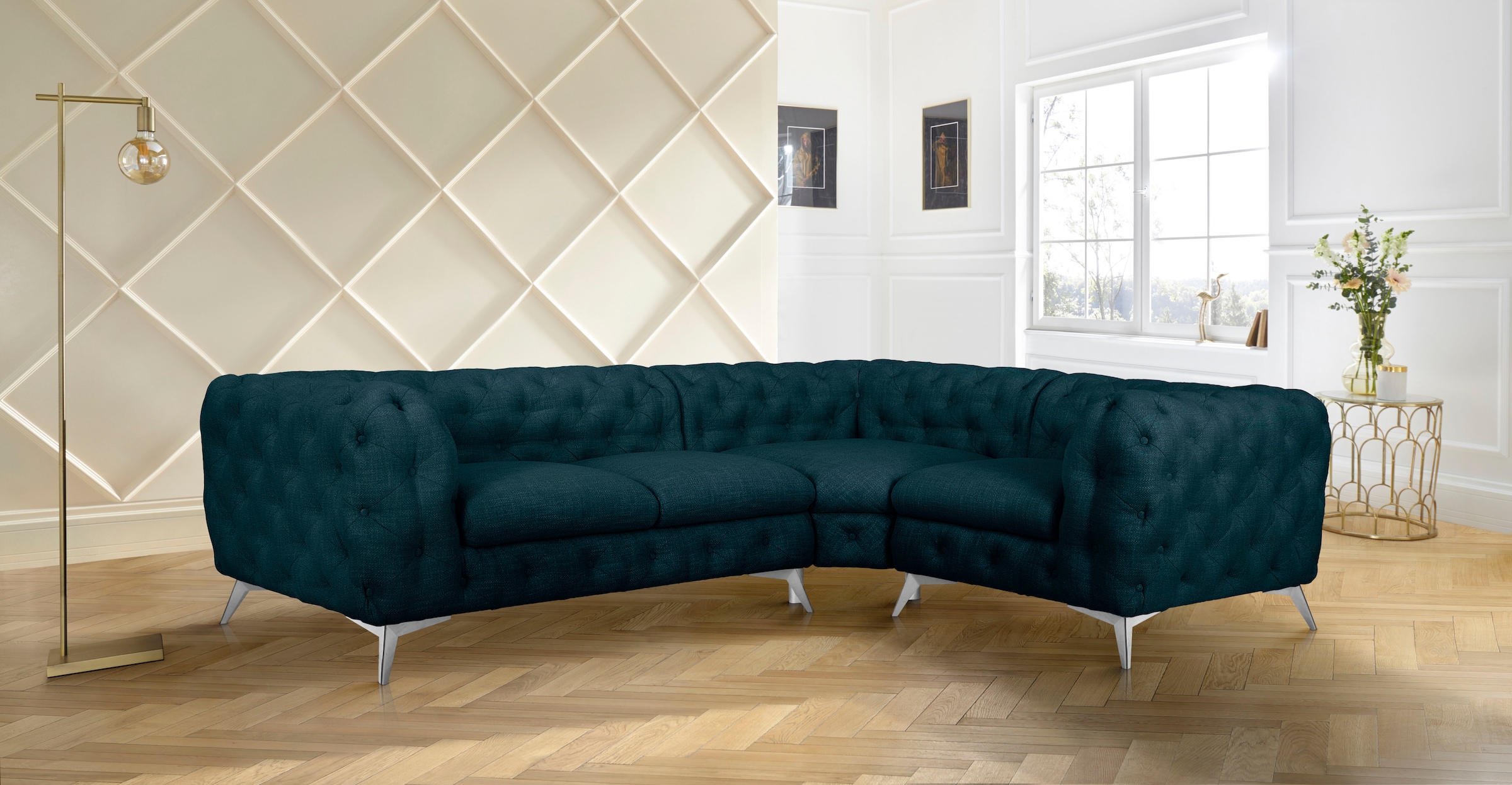 Home affaire Chesterfield-Sofa »Ecksofa GLYNIS L-Form mit Wellenunterfederung, Masse B/T/H 264/204/75cm« aufwändige Knopfheftung, moderne Chesterfield Optik, Fussfarbe wählbar