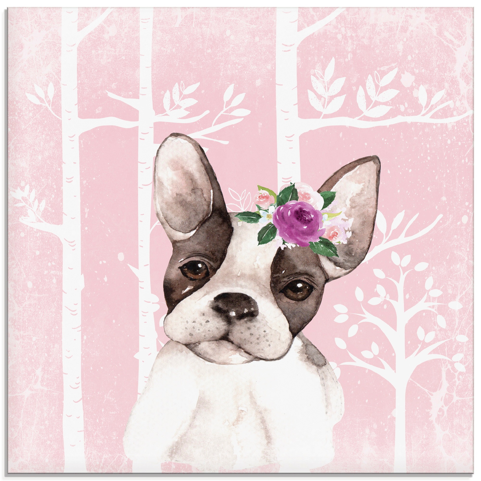 Image of Artland Glasbild »Mops Hund mit Blumen im pink Wald«, Tiere, (1 St.) bei Ackermann Versand Schweiz