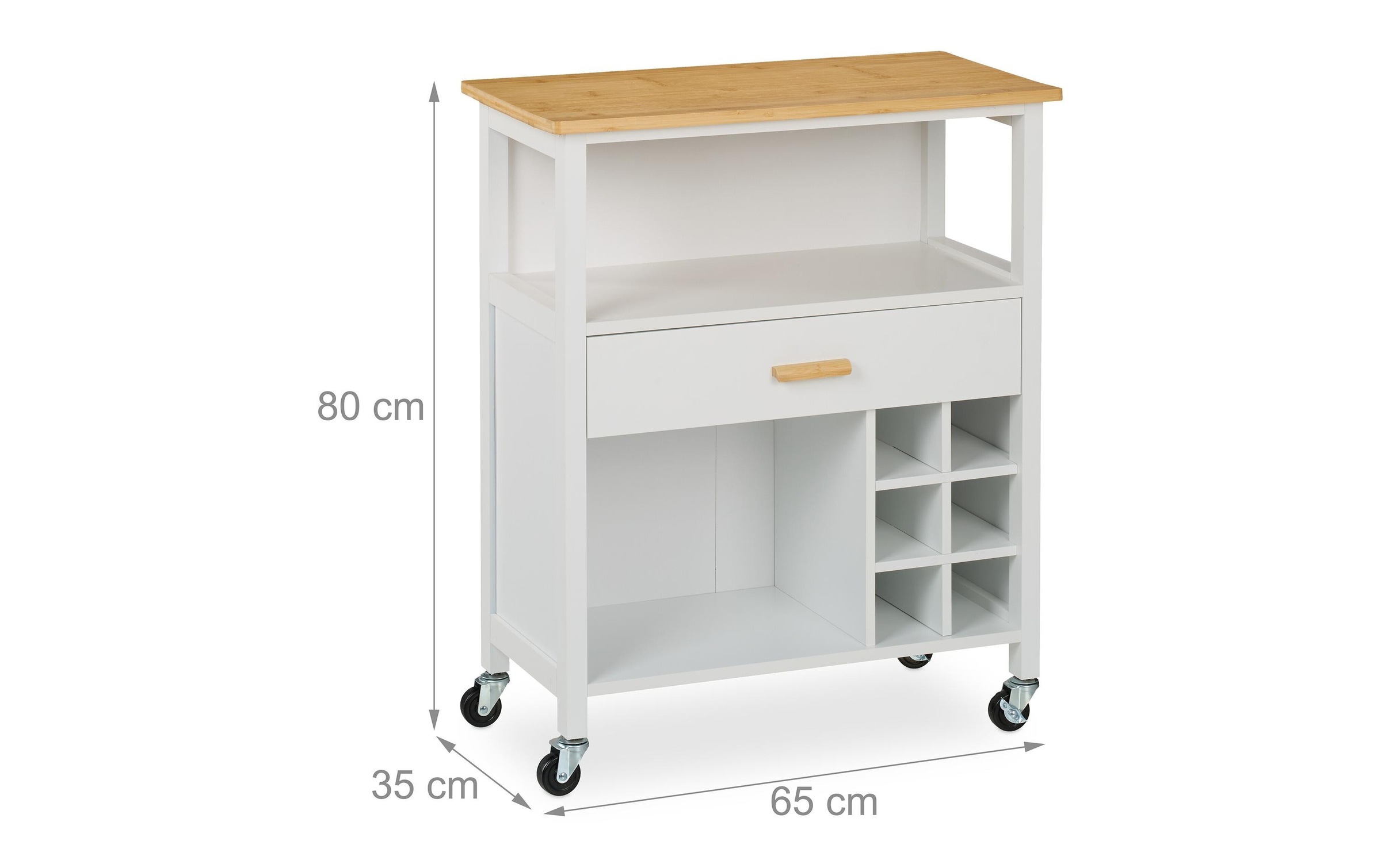Desserte de cuisine, pour 6 bouteilles, tiroir spacieux, plan de travail, 80 x 65 x 35 cm, blanc et nature - Relaxdays