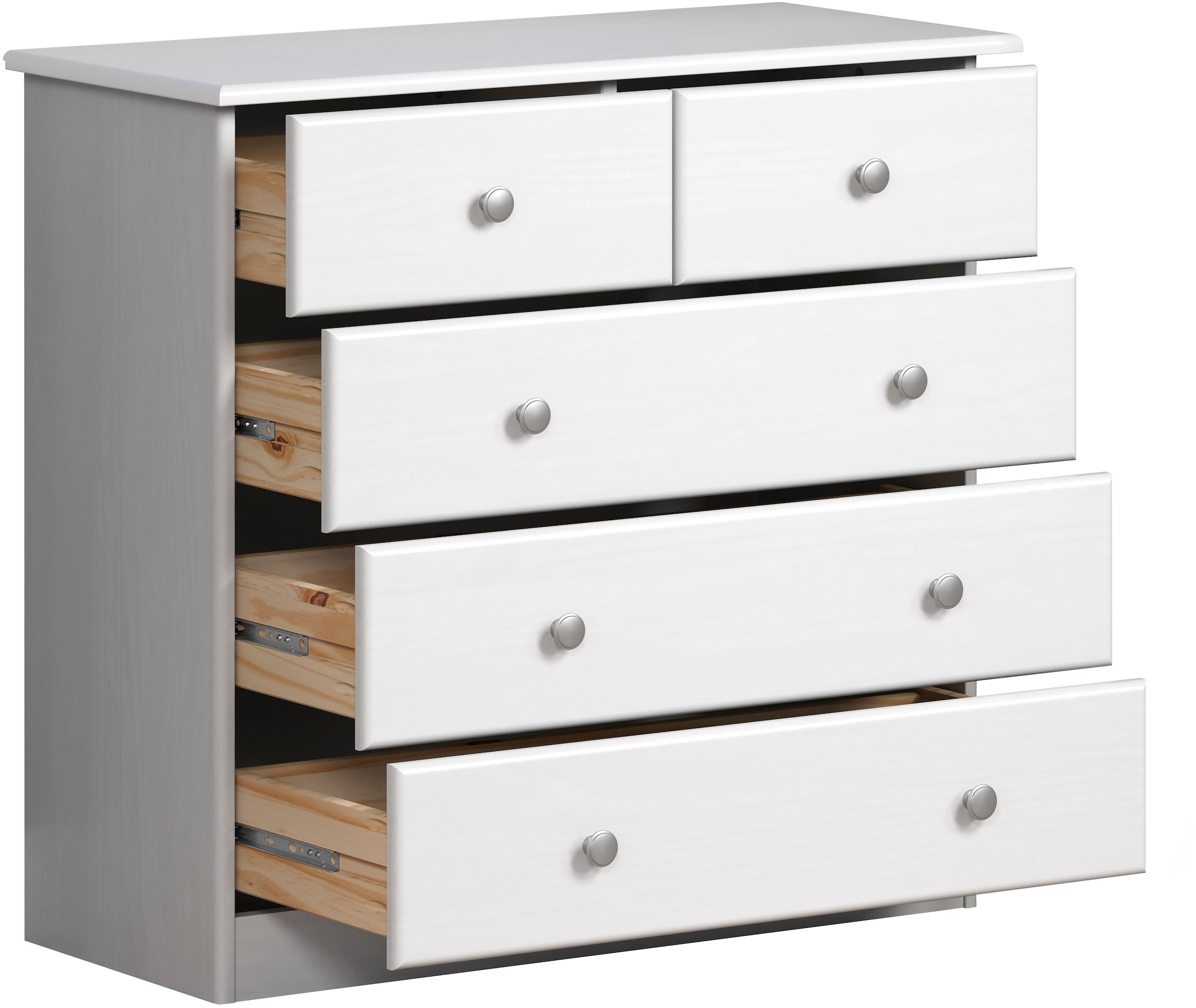 Home affaire Commode à tiroirs »Delsbo Kommode Wäscheschrank Beistellschrank Schrank Bestseller« Landhaus Design aus Kiefernholz, 1 cuis tlg. Massivholz Sideboard mit 5 Schubladen - Metall-Knopfgriffe