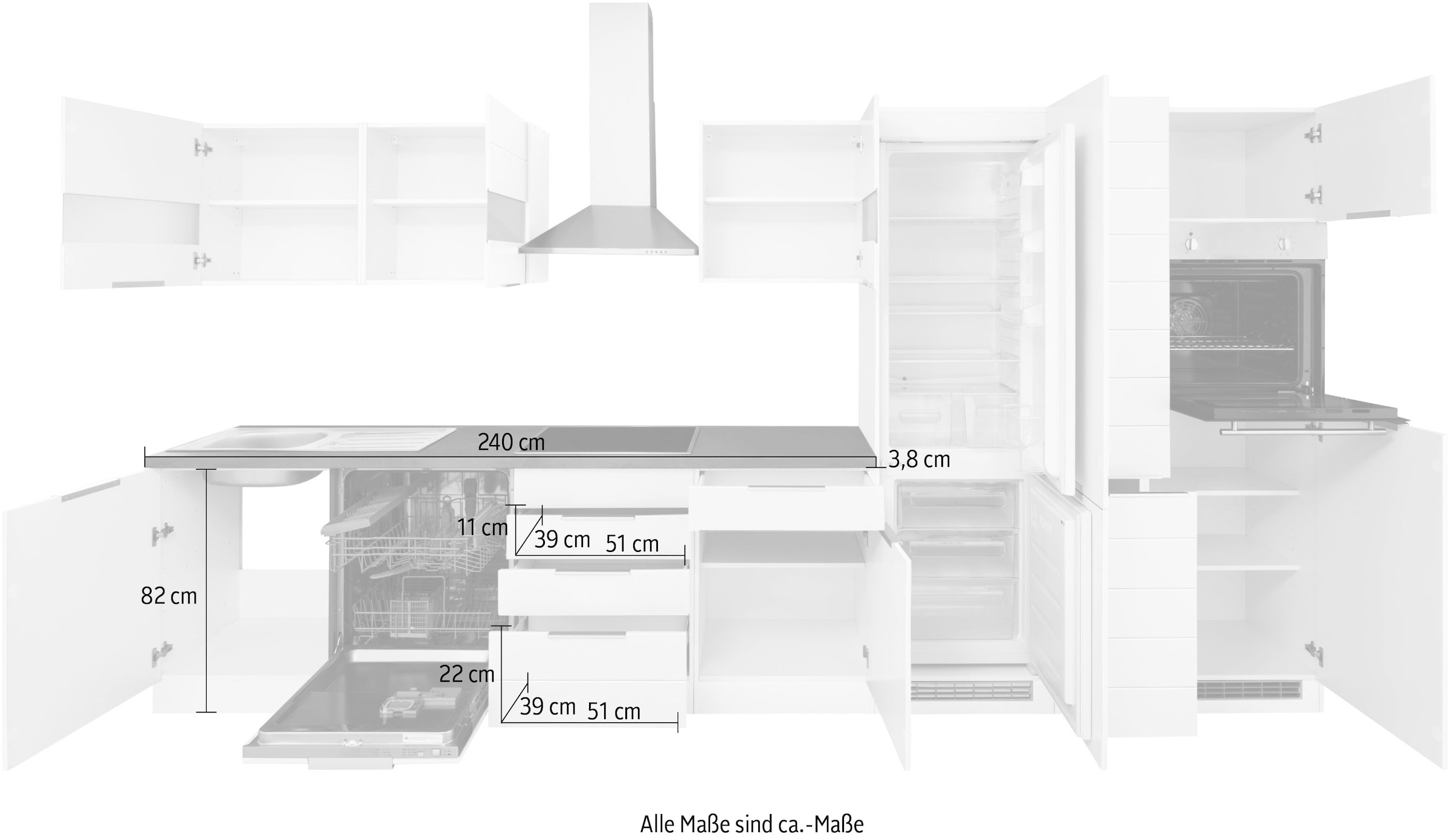 KOCHSTATION Küchenzeile »KS-Luhe« 390 cm breit, wahlweise mit oder ohne E-Geräten, gefräste MDF-Fronten