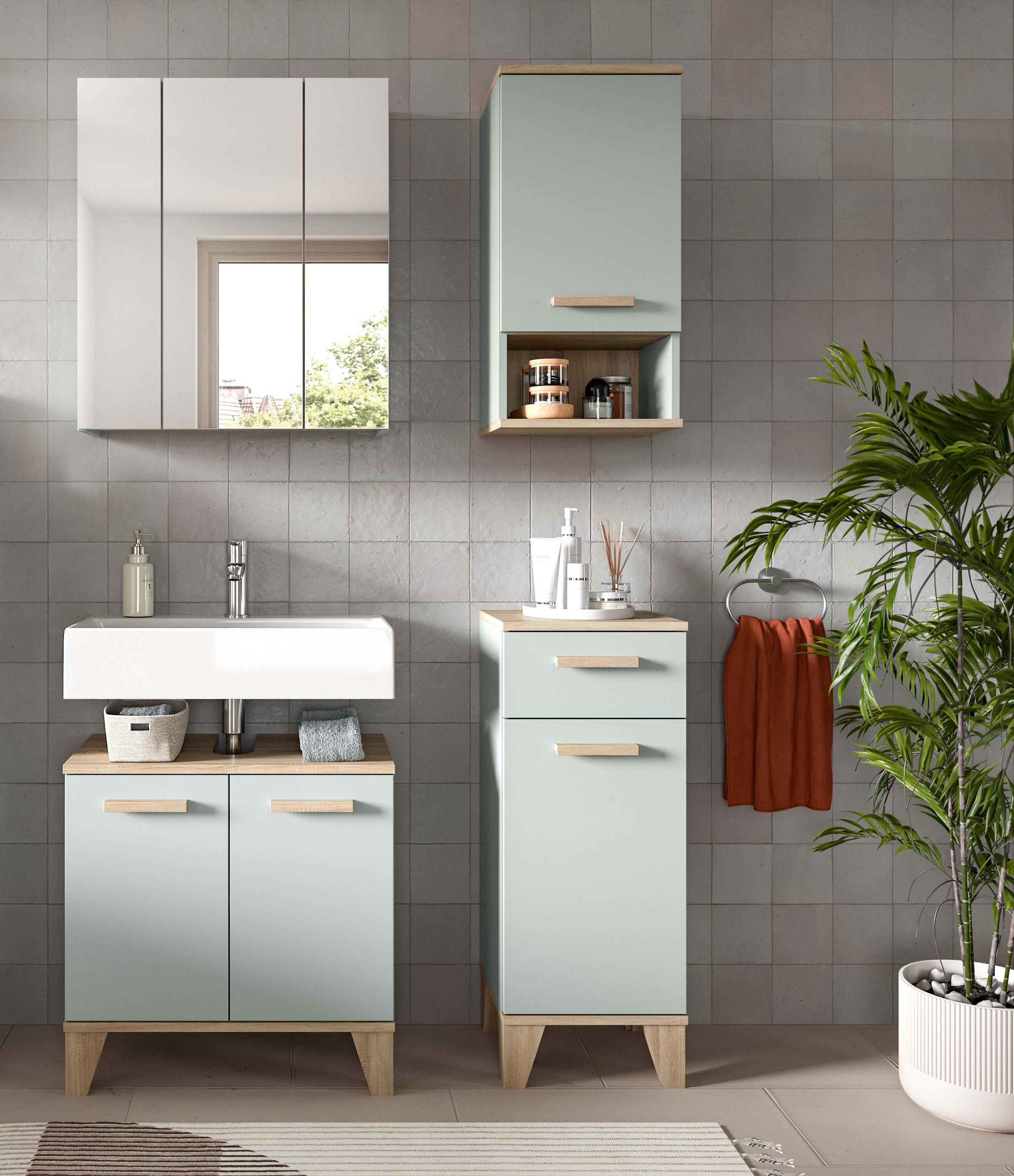 welltime Badmöbel-Set »MINTTU, 4-teilige moderne Badkombination im SCANDI-Look« bestehend aus: Midischrank, WBU, Spiegelschrank, Hängeschrank, 4 Stk. tlg.