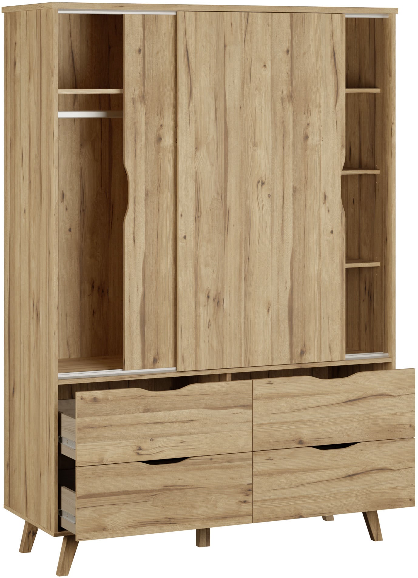FORTE Schiebetürenschrank »Vankka Viel Stauraum, skandinavischer Stil« B/H/T ca.140x200x50cm,  Made in Europe, mit Einlegeböden+Kleiderstange+Schubladen,grifflos