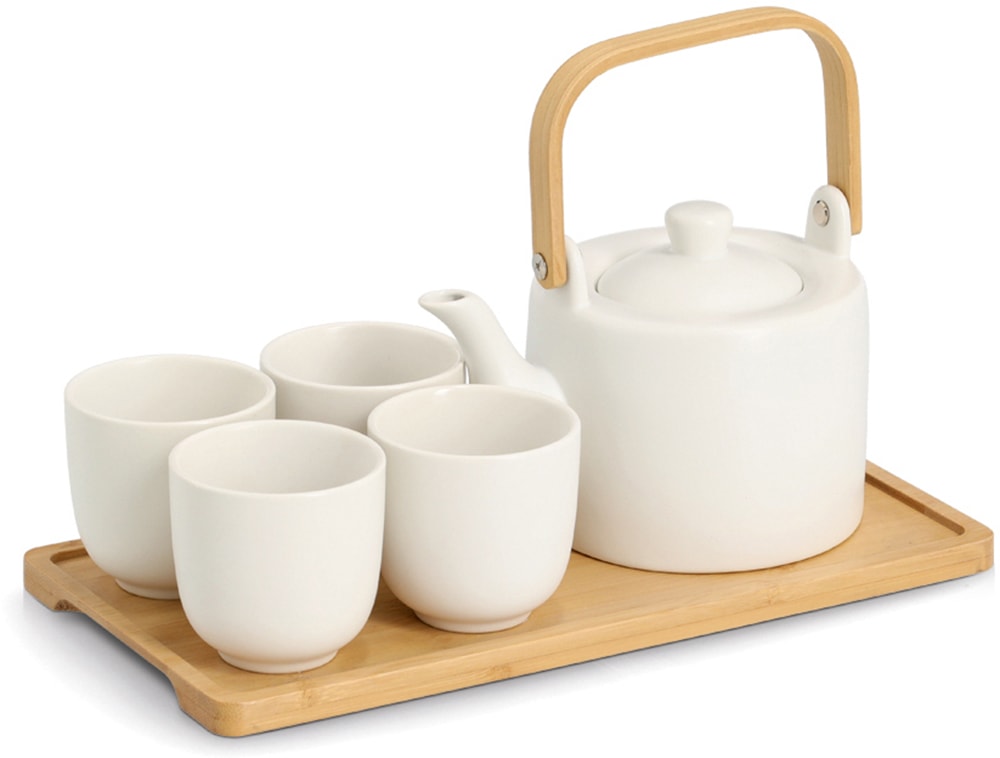Image of Zeller Present Geschirr-Set "Tee-Set, 6-tlg. Steingut/Bambus, weiss" Teekanne mit Bambusgriff, hochwertig und langlebig