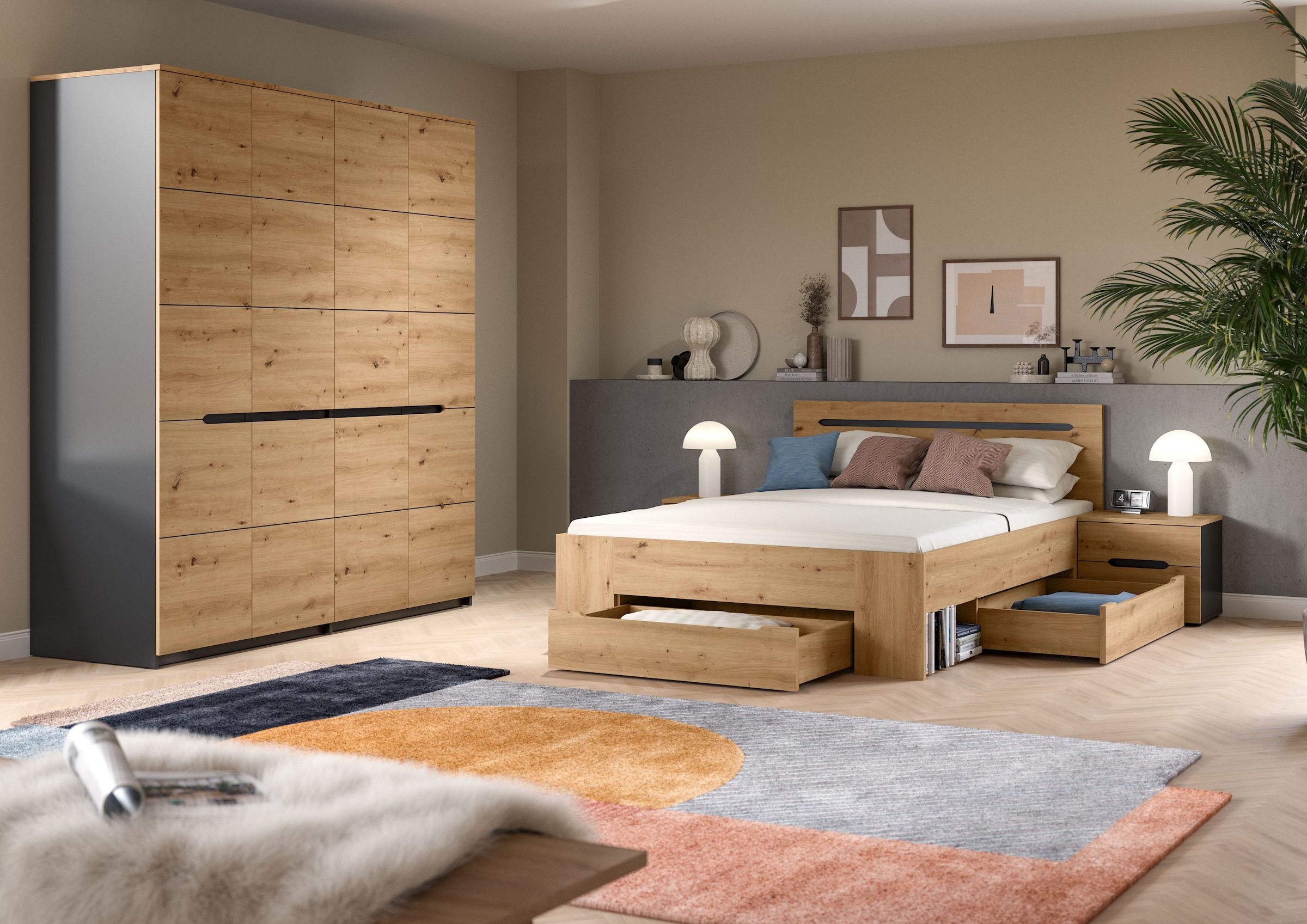 Home affaire Schlafzimmer-Set »REHAT, 4-teilig, best. aus: Bett, Kleiderschrank & 2x Nachtkommode« TOPSELLER!, für Matratzengrösse 140x200 cm, viel Stauraum, 