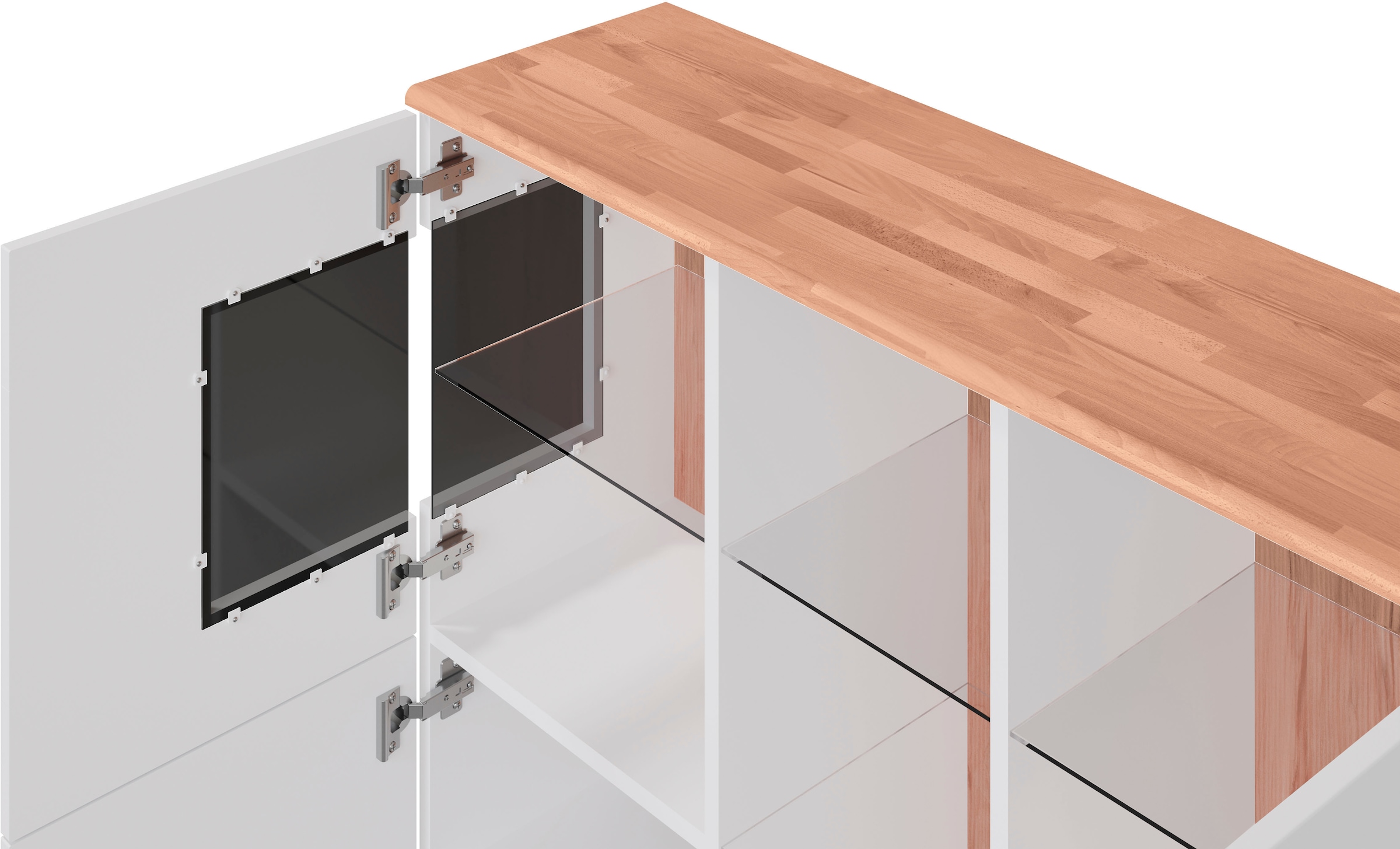 Home affaire Highboard »Ribe,120cm breit,112cm hoch,12 Fächer«, Oberplatte Massivholz,schwarze Metall Griffe,2 Türen mit Glaseinsatz