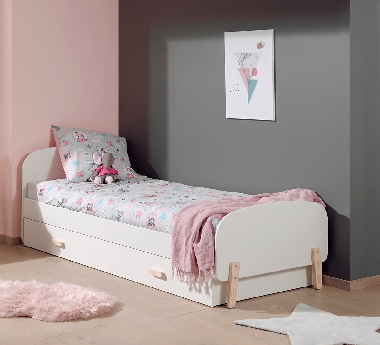Vipack Einzelbett Made in Europe,  Liegefläche 90x200 cm mit Lattenrost und Bettschublade, Weiss lackiert