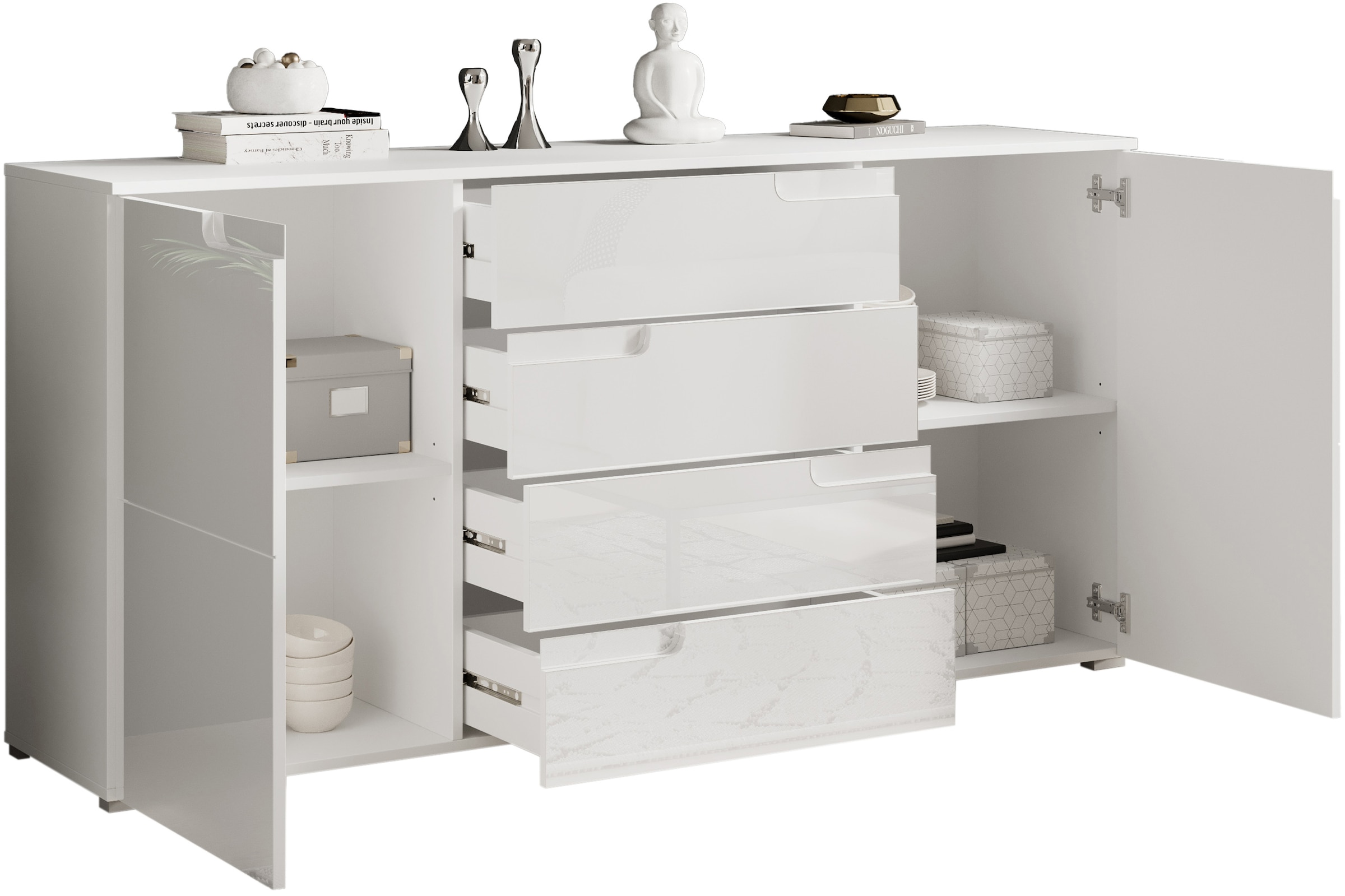 HBZ Sideboard »Spice weiss Hochglanz, Wohnzimmerschrank BxHxT 165x80x40 cm«, (1 St.), Mit 2 Türen, 4 Schubkästen, 2 Einlegeböden verstellbar