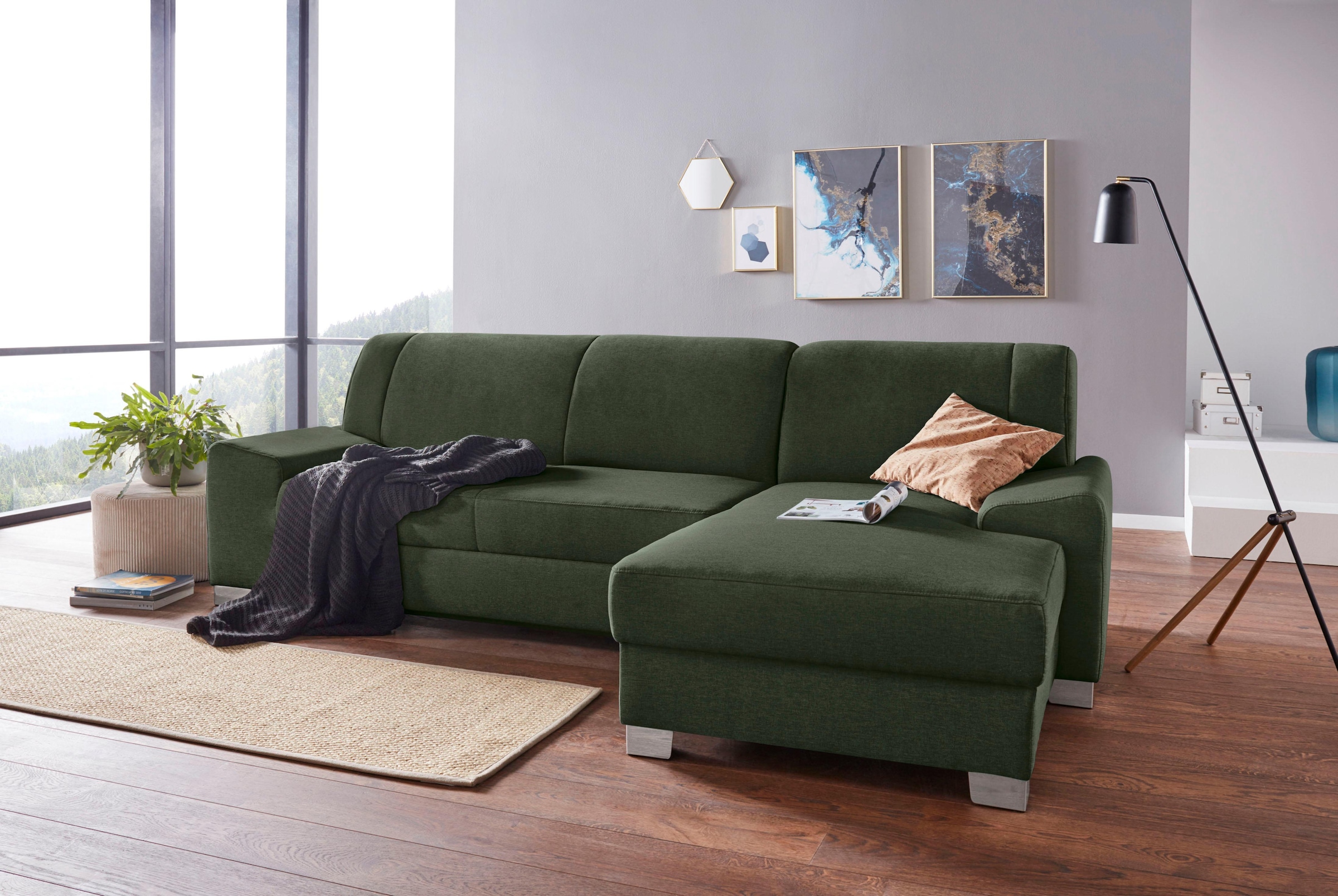 Image of DOMO collection Ecksofa "Anzio L-Form, whlw. Bettfunktion, Federkern, hochwertig, Breite 271 cm" Mit Bettfunktion, Recamiere rechts, Struktur fein, dunkelgrün