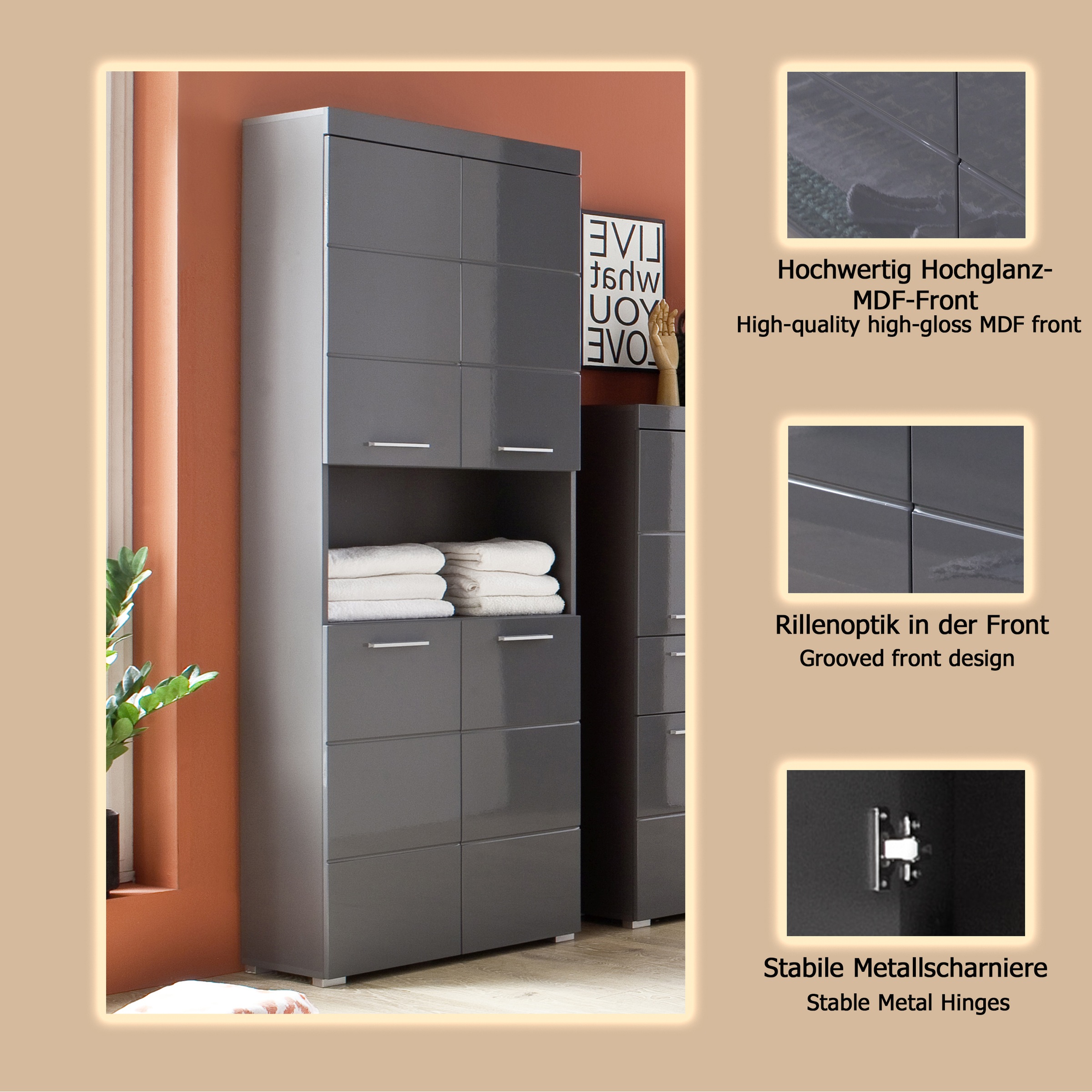 welltime Armoire haute »Avena« Badschrank 4-türig mit o. Fach und 4 Einlegeböden - B/T/H 73/31/190 cm