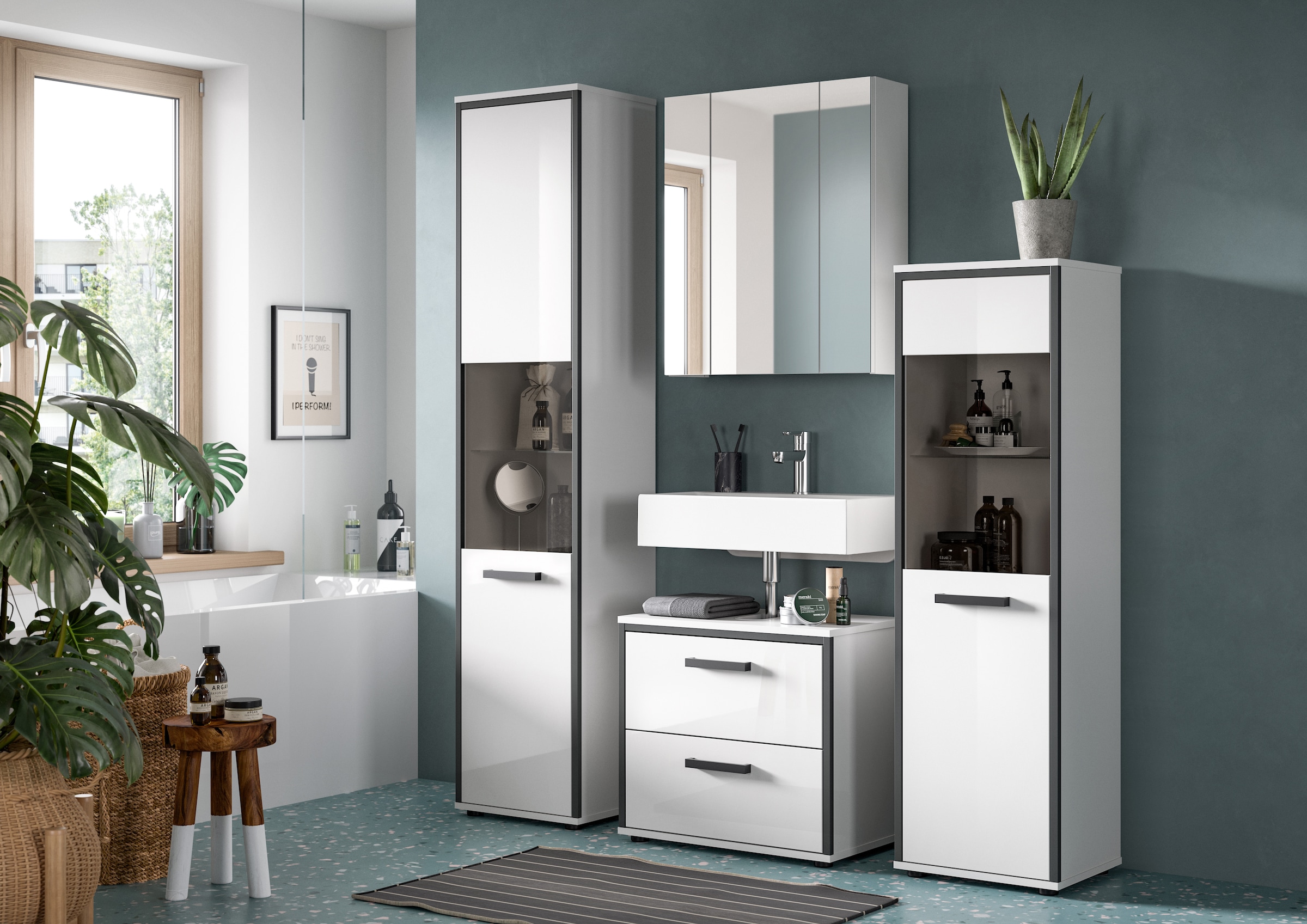 welltime Badmöbel-Set »KAJO, 3-tlg. Badkombination, weiss hochglanz« Set, Set, best. aus:1 Midischrank,1Spiegelschrank,1Waschbeckenunterschrank, 3 Stk. tlg.