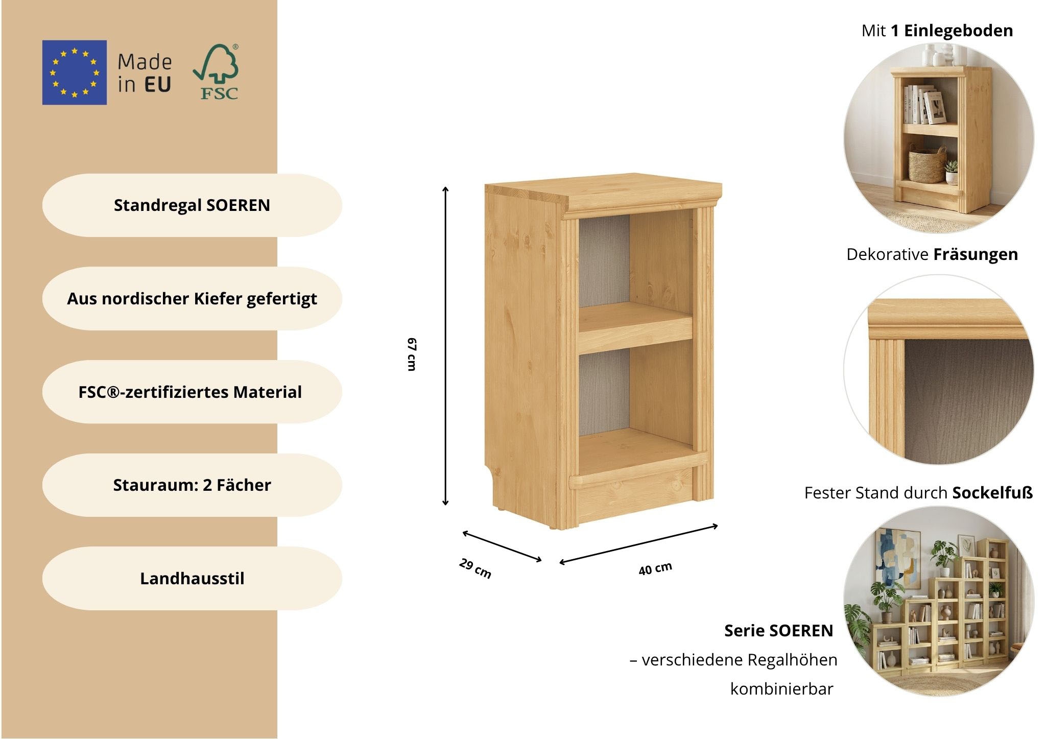 GOODproduct Standregal »Riga Bücherregal Regal Breite/Tiefe 40/29 cm« aus massiver Kiefer, FSC®-zertifiziert