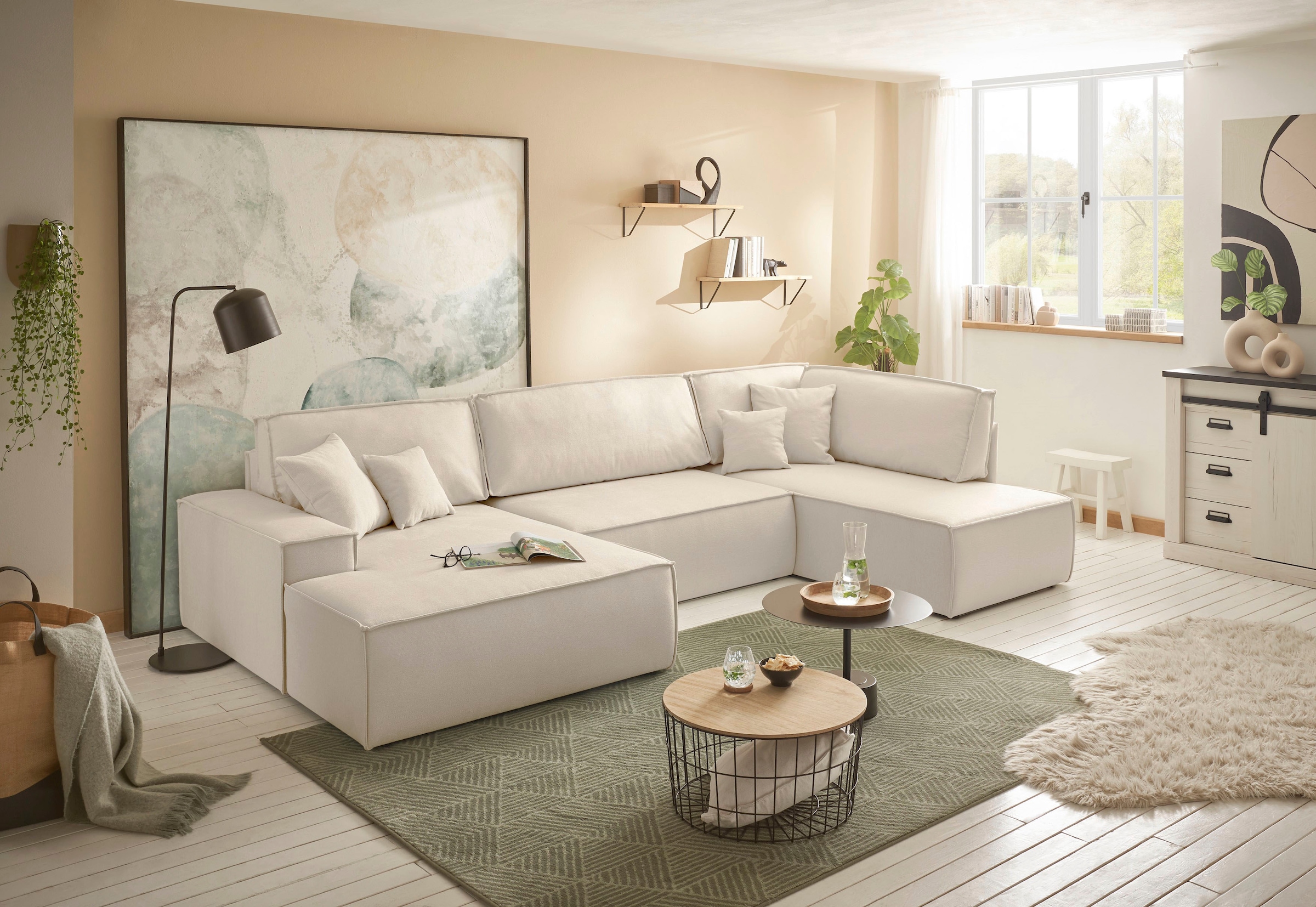 andas Wohnlandschaft »FINNLEY U-Form XXL 329 cm, Schlafsofa, Schlaffunktion m. Bettkasten«, (194/139 cm), Bouclé, Struktur und Cord