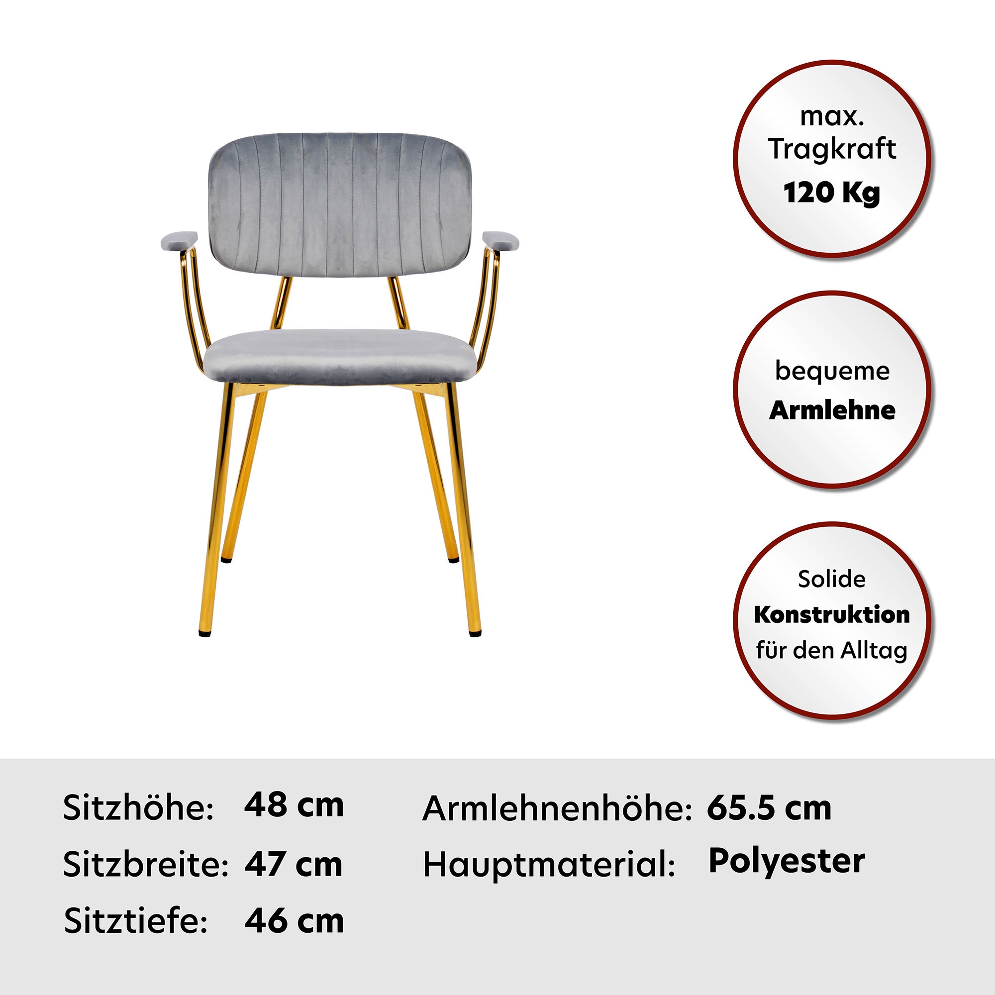 Kayoom Polsterstuhl »Stuhl Giselle 225 2er-Set, Gestell aus Edelstahl«, (Set), 2 St., mit Armlehnen, goldenes Gestell aus Edelstahl, Samtbezug, Ziernähte