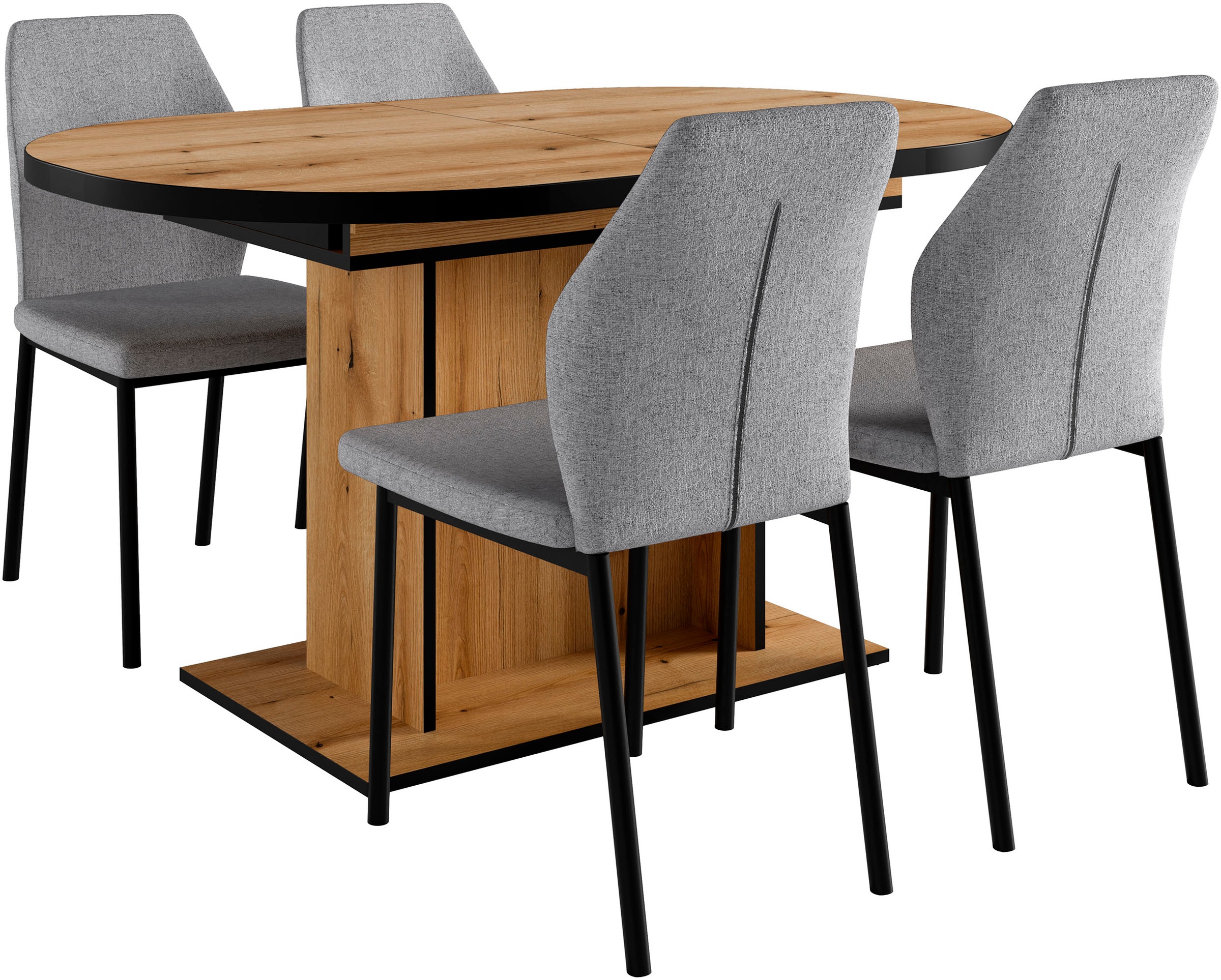 Image of GOODproduct Essgruppe "Basel, Tischgruppe mit 4 Stühlen, Esstisch ausziehbar 140 - 180 cm" Set, Ottos DAUERTIEFPREIS, 5 Stk. tlg. BESTSELLER, Sitzgruppe, Tisch, Stühle, ovale Tischplatte, Säulentisch
