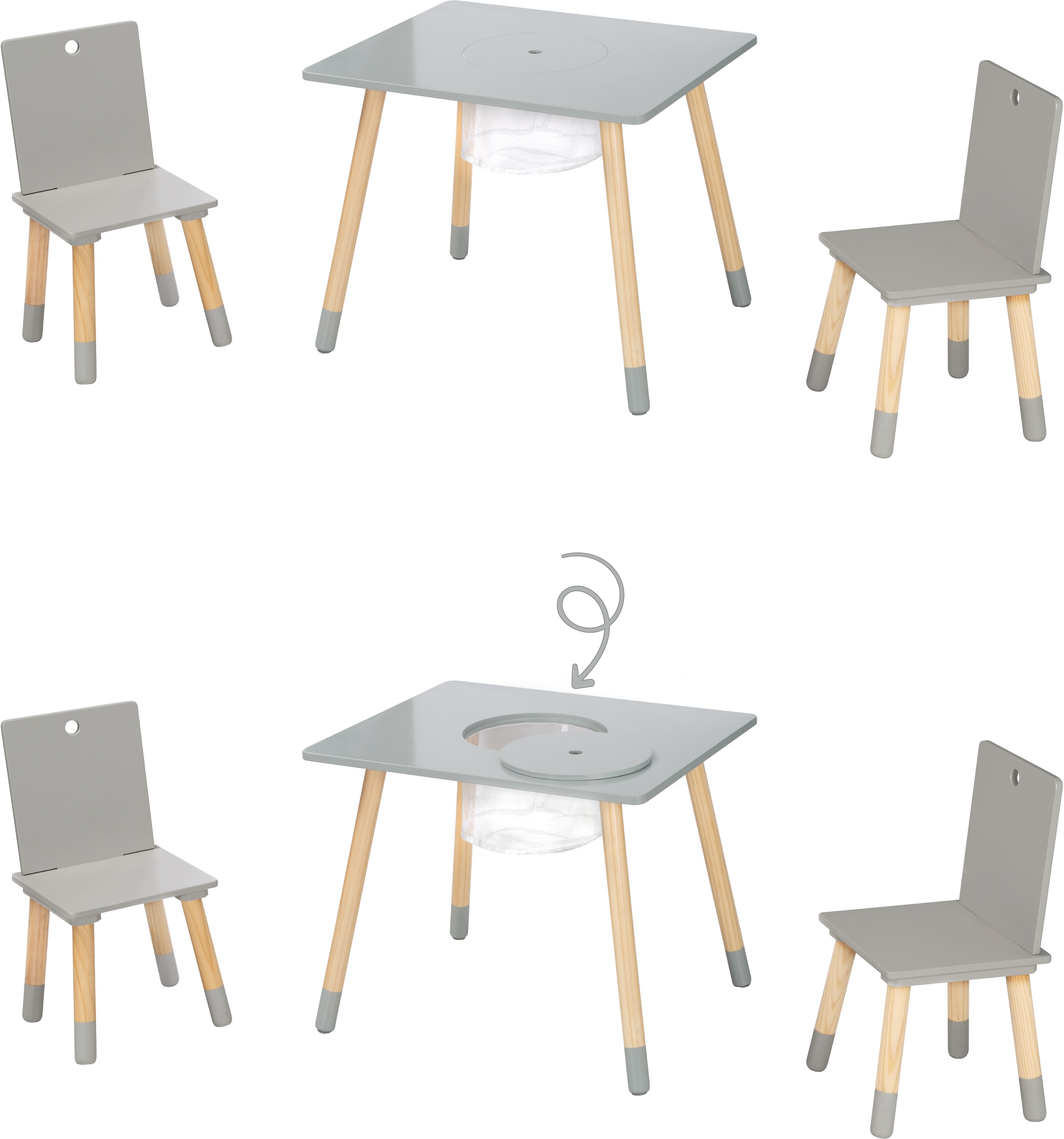 roba® Kindersitzgruppe »Sitzgruppe mit Aufbewahrungsnetz, grau«, aus Holz