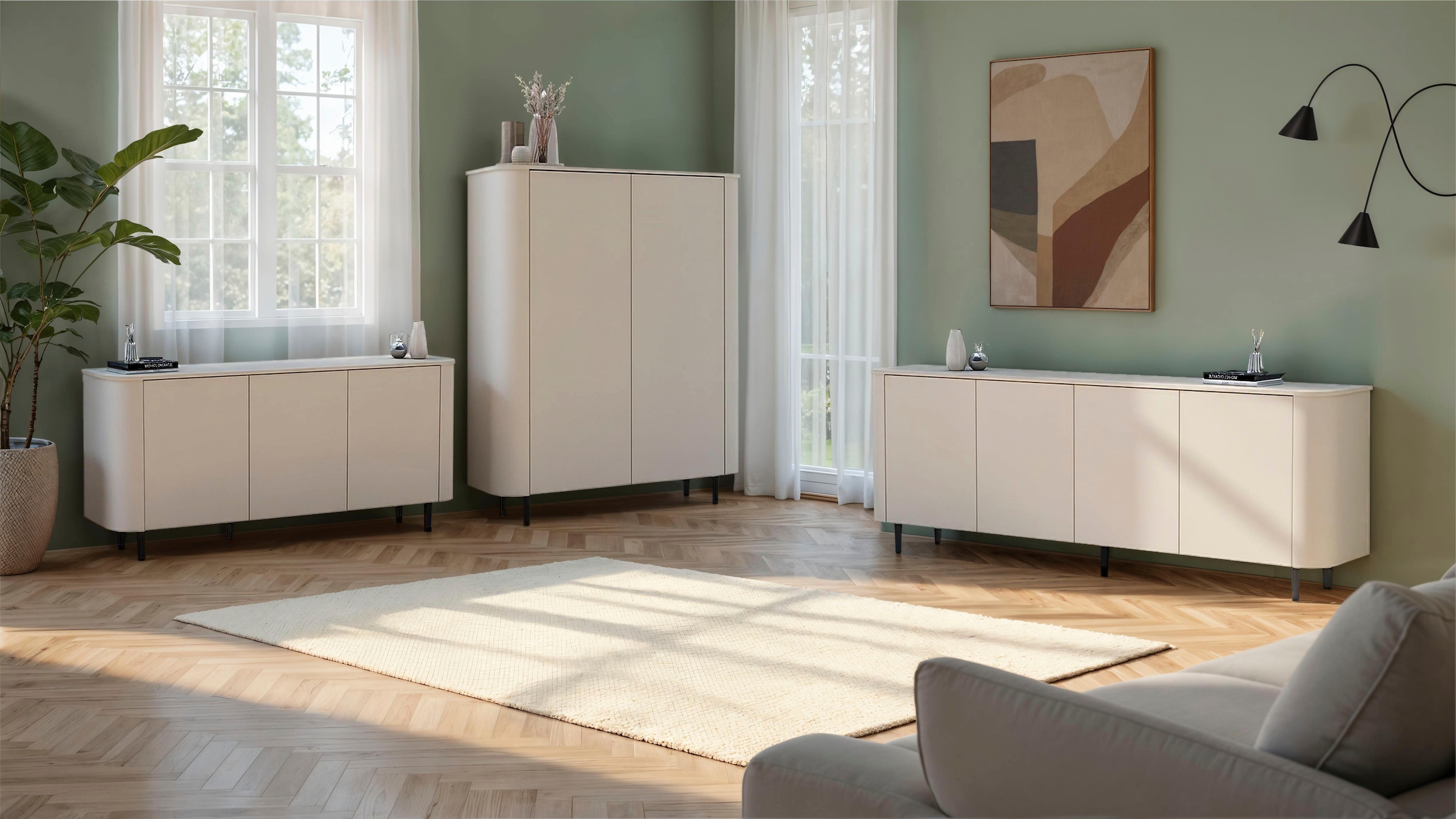 INOSIGN Sideboard »Lido, 181 cm breit, 3 Türen, Anrichte, Kommode, Stauraumschrank« Formgebogenes MDF, Stirnseiten mit Rundung, Push-to-open, Metallfüsse