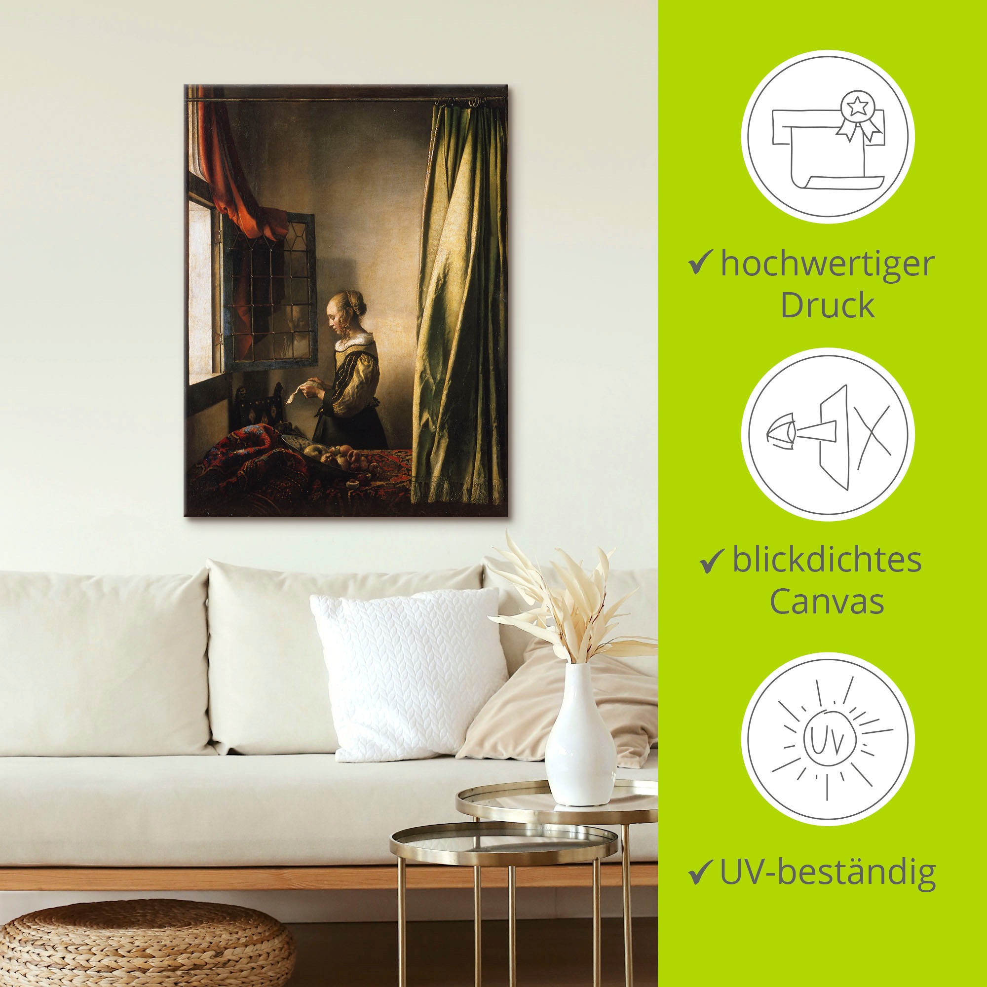 Artland Leinwandbild »Briefleserin am offenen Fenster. Um 1658« Frau 1 Stk. tlg. auf Holzrahmen gespannt