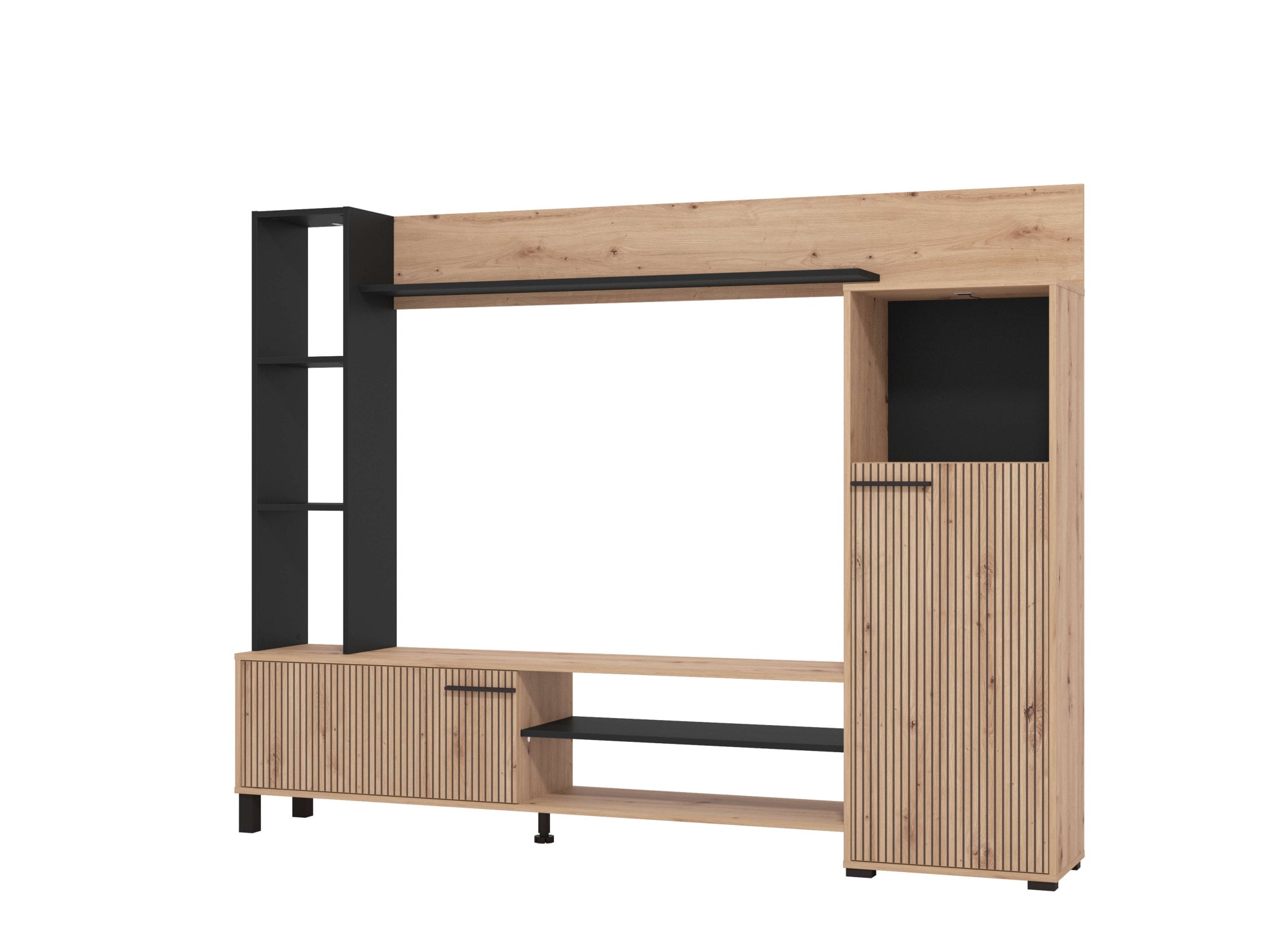 INOSIGN Wohnwand »Retimno, inkl. Highboard, TV-Board, Standregal und Wandregal«, (Komplett-Set, 4 St.), 208 cm, Trendfarben, mit dekorativen schwarzen Streifen, TV bis 58'