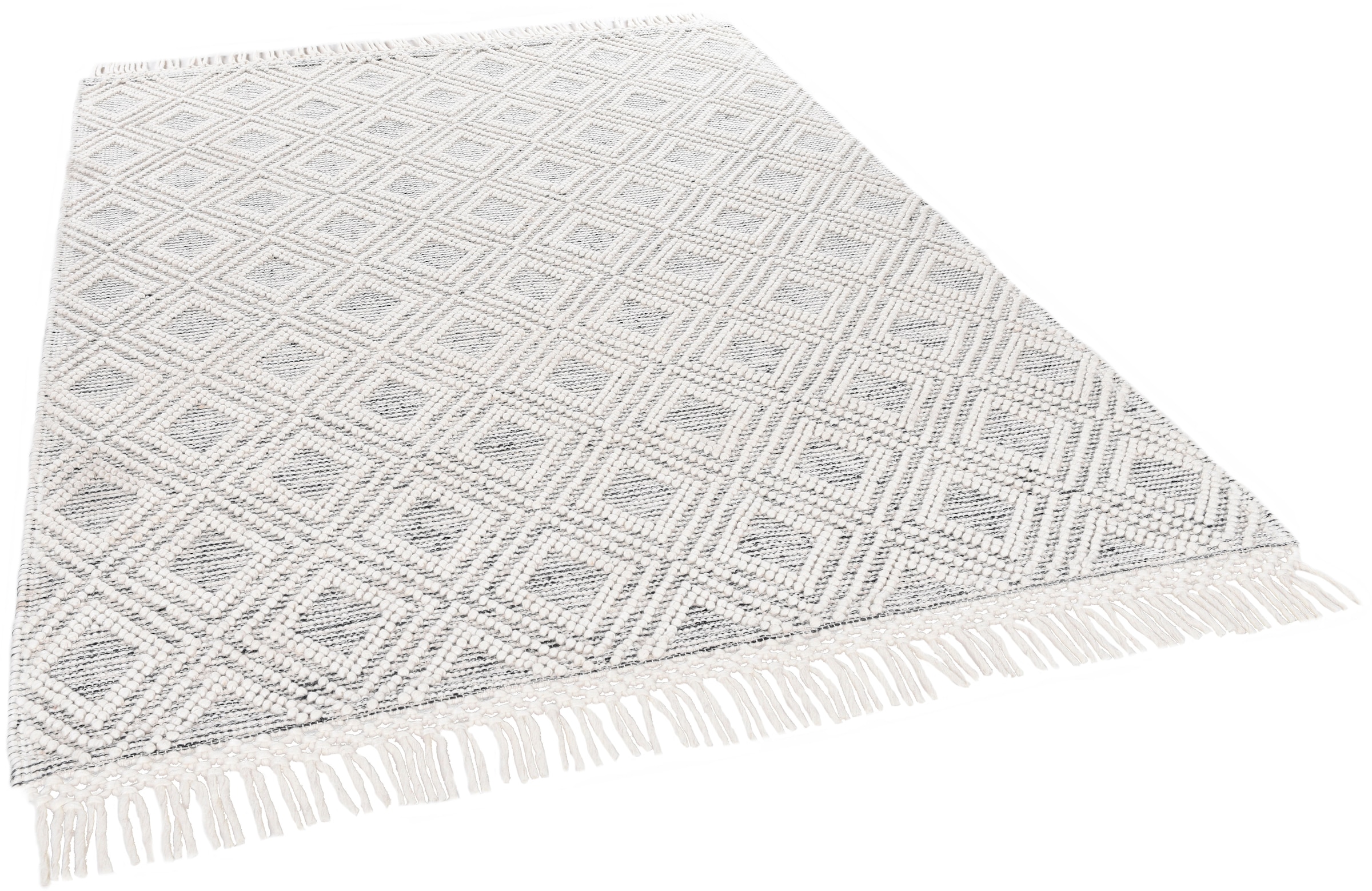 Image of THEKO Wollteppich "Visby - 702" rechteckig 10 mm Höhe Handweb Teppich, reine Wolle, handgewebt, Rauten Design, mit Fransen