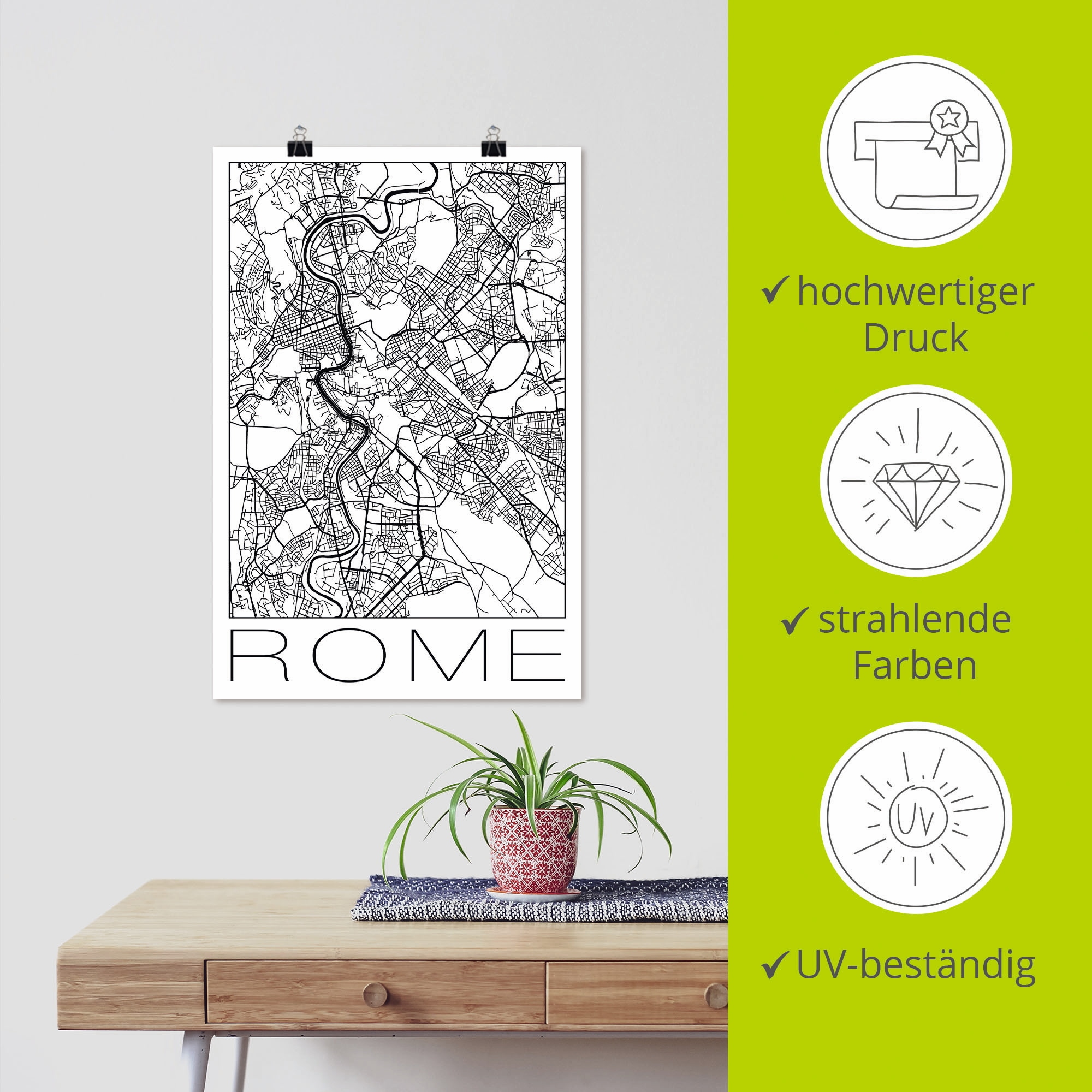 Artland Poster »Retro Karte Rom Italien Schwarz & Weiss«, Italien, (1 St.), als Alubild, Leinwandbild, Wandaufkleber oder Poster in versch. Grössen