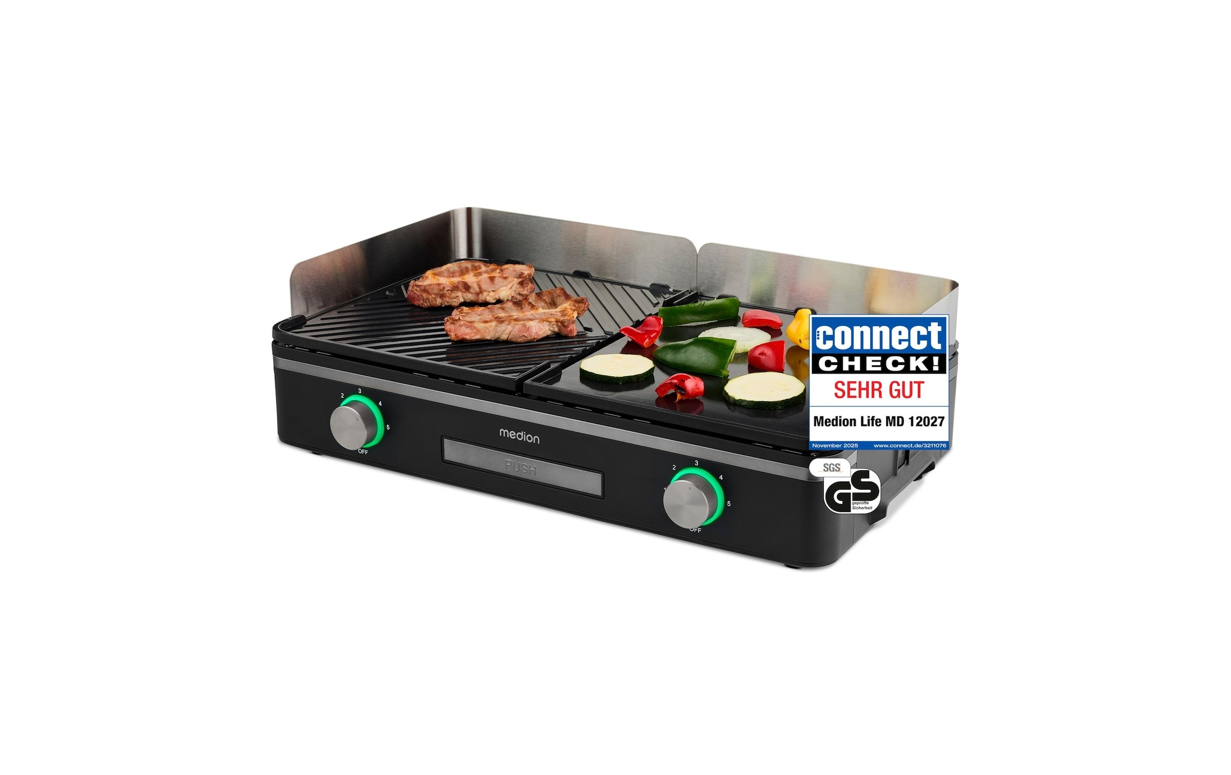 Medion® Barbecue de table »MD12027, mit Dual-Zonen-System, 2,400 Watt, 2 abnehmbare Platten« 2400 W bis max. 240 °C, PFAS Frei, LED-Statusanzeige, IPX4-Schutz
