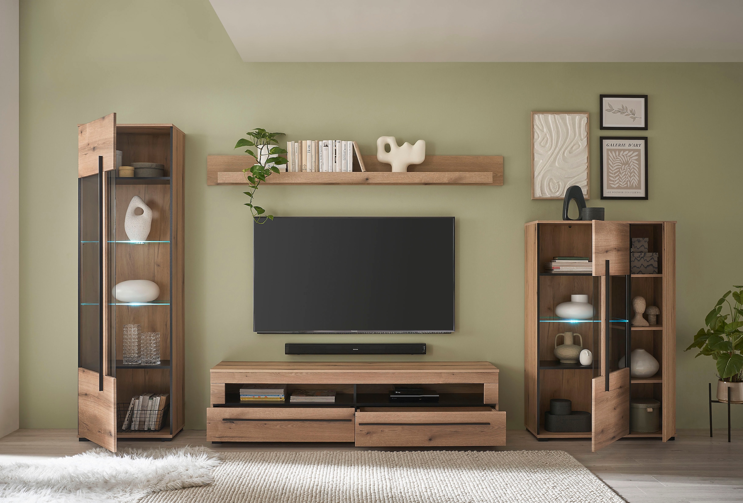 INOSIGN Wohnwand »Cantara, moderne Anbauwand, Wohnzimmer-Set, in Eiche Evoke oder Weiss«, (Set, 4 St.), enthält zwei Vitrinen, ein Lowboard und ein Wandboard