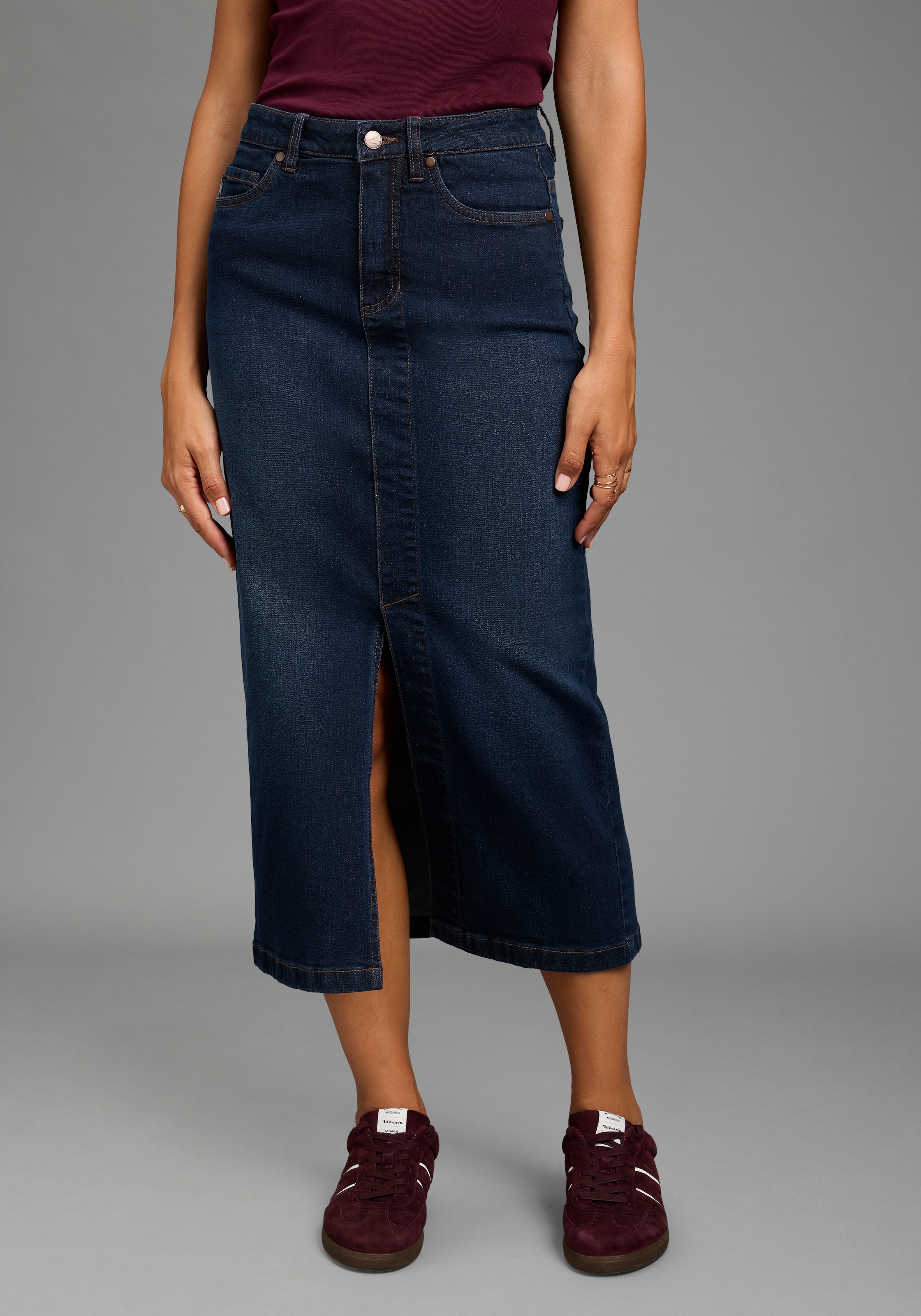 Arizona Jupe en jean »lang« longueur mollet, avec fente, coupe ajustée, en denim extensible