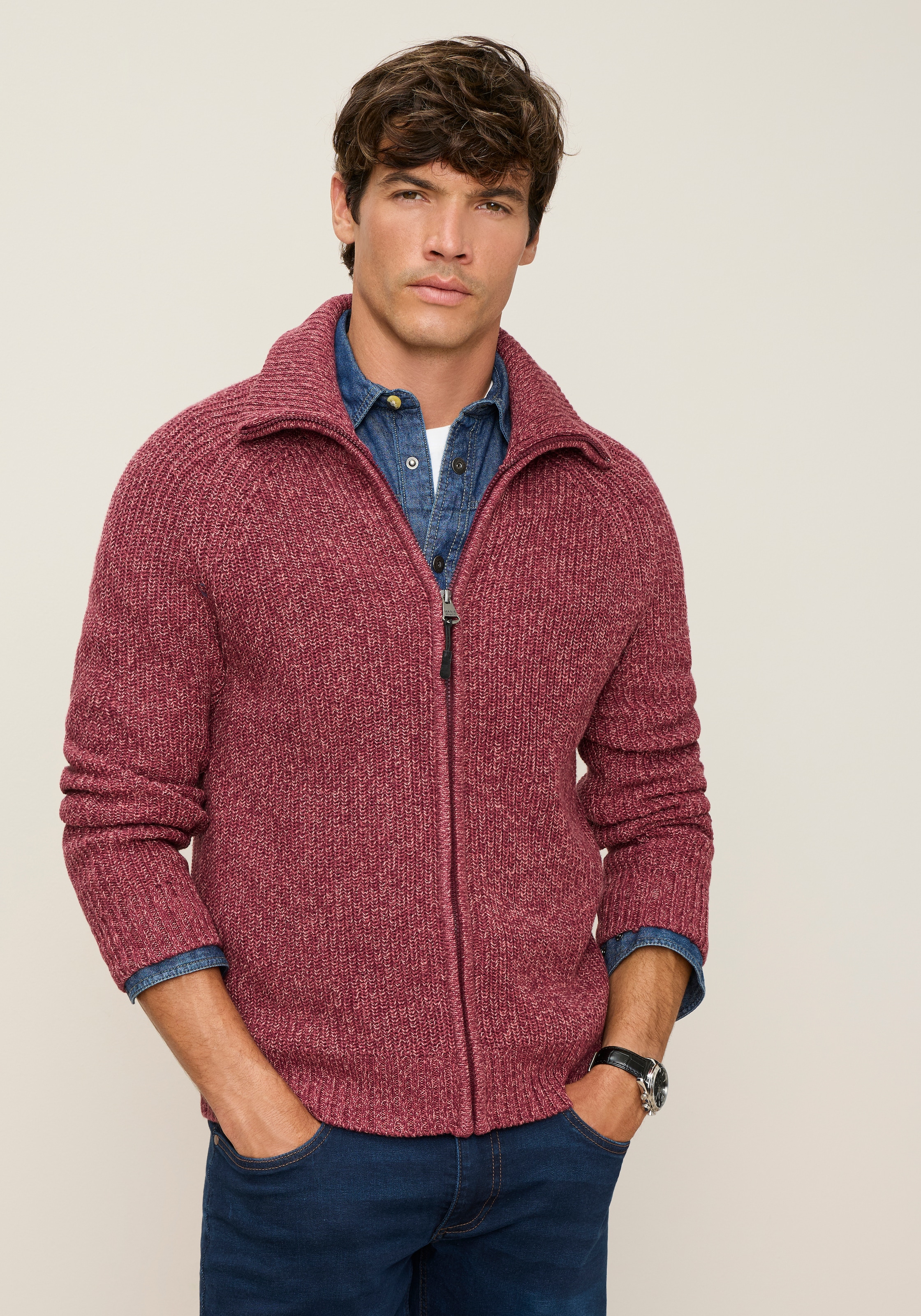 Man's World Veste en tricot »Mit Stehkragen & Reissverschluss melierte Optik« coupe régulière, avec manches raglan