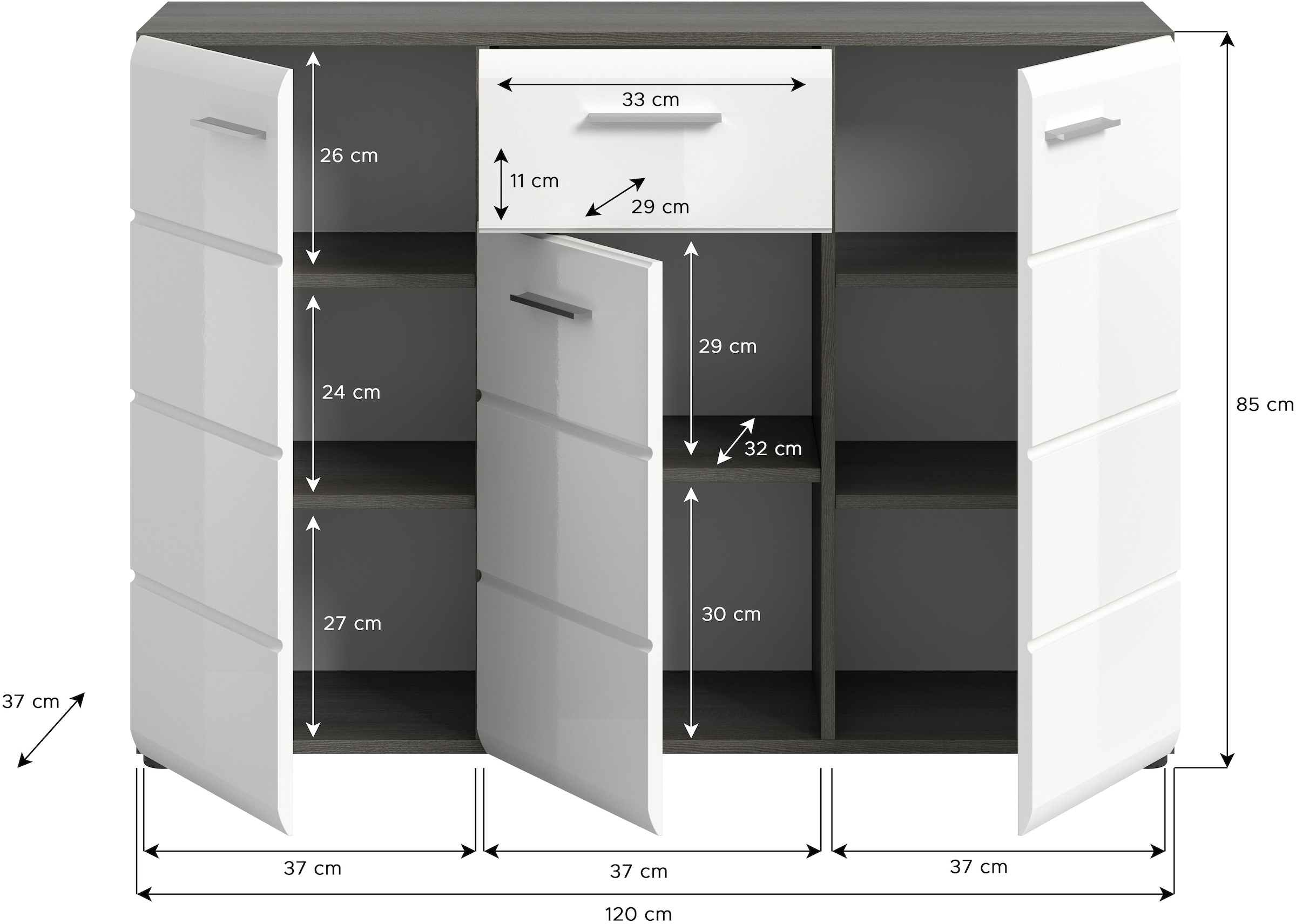 INOSIGN Sideboard »Rumba, Breite 120cm, in Rauchsilberfarben Nachbildung/Weiss Hochglanz«, Kommode, Sideboard, Schrank