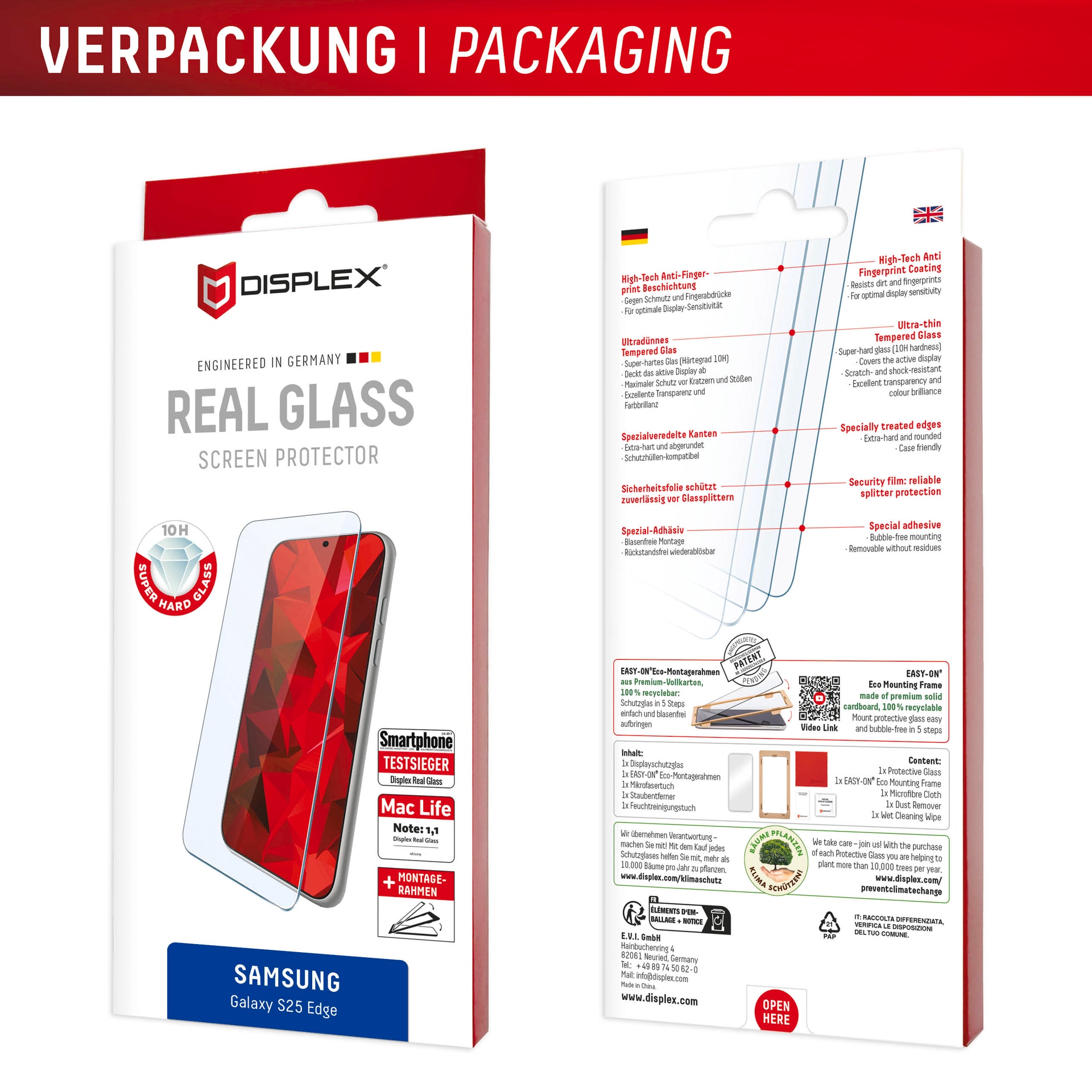 Displex Displayschutzglas »Real Glass Screen Protector« für Samsung Galaxy S25 Edge Displayschutzfolie, Schutzfolie, Bildschirmschutz, kratz- & stossfest