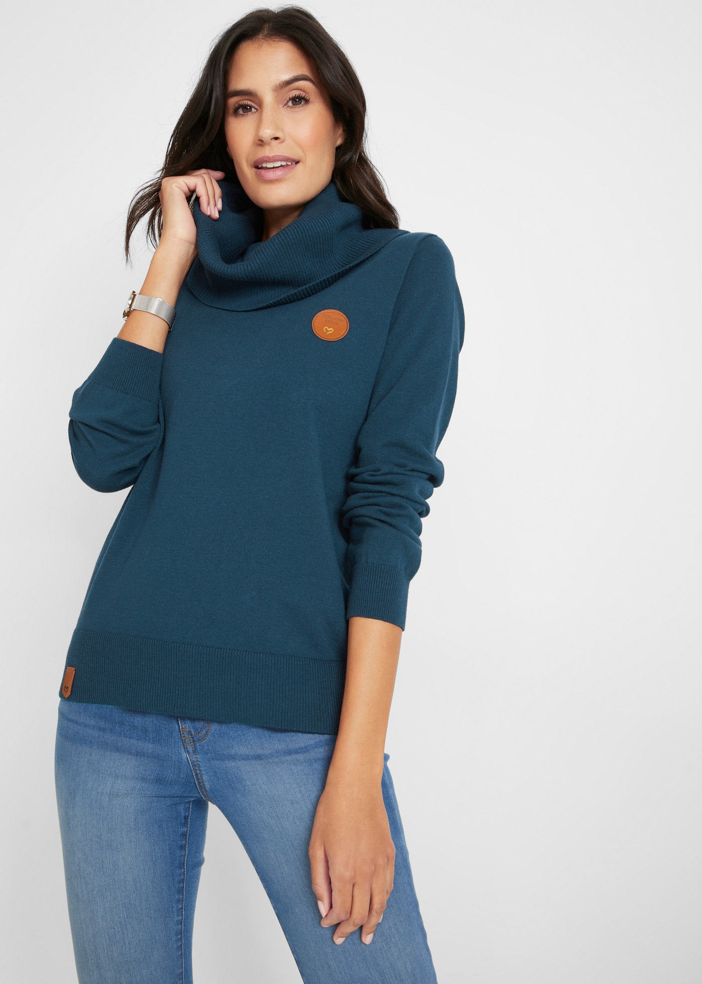 Image of bonprix Strickpullover "Feinstrickpullover mit weitem Kragen" aus Baumwollmischung, weiter Rollkragen, mit kleinen Leder-Details