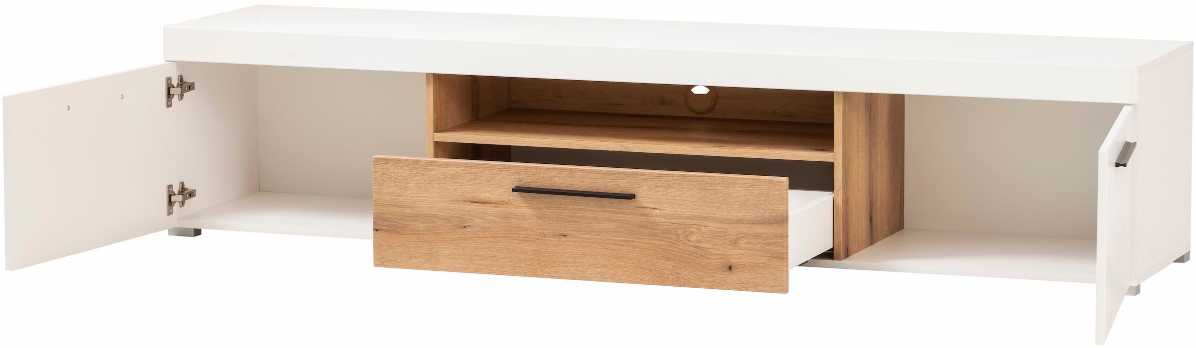 INOSIGN Wohnwand »Salerno, moderne Anbauwand, Wohnzimmer-Set, Weiss mit Eiche Evoke Dekor«, (Set, 3 St.), enthält Vitrine, Lowboard + Wandboard, Metallgriffe, 287 cm breit