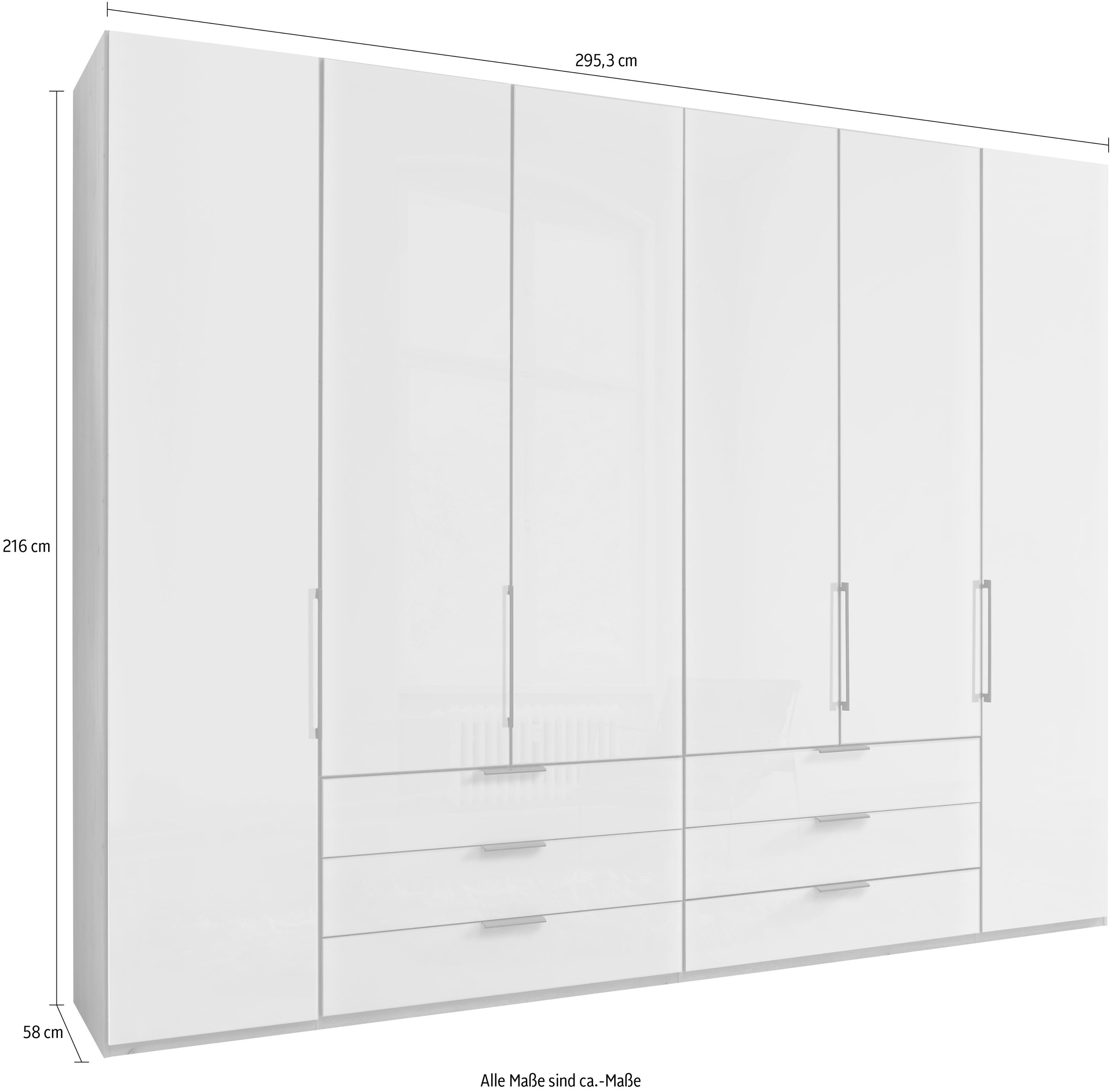 WIEMANN Falttürenschrank »Monaco, Kleiderschrank, Schrank, Wäscheschrank, mit edler Glasfront«, (2 Breiten, 2 Höhen 216/236 cm auswählbar, MADE IN GERMANY), inkl. gepämpften Schubkästen und Türen, mit Panoramaöffnung