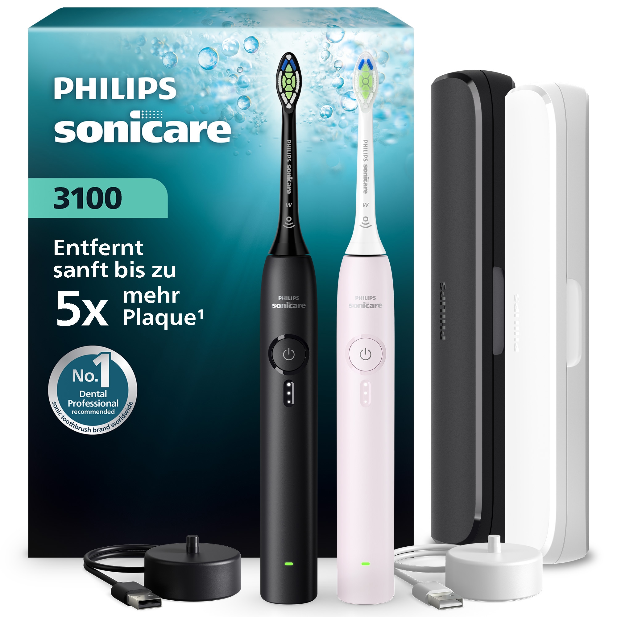 Image of Philips Sonicare Elektrische Zahnbürste "Series 3100" 2 Stk. Aufsteckbürsten mit Drucksensor, 3 Intensitätsstufen, inkl. Reiseetui und Ladegerät