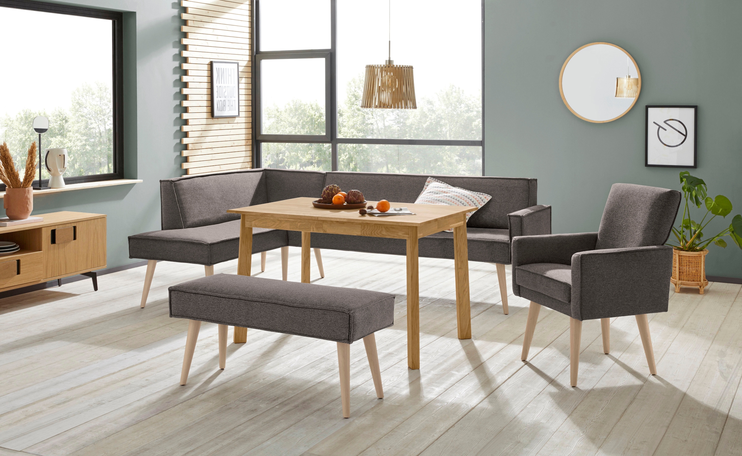 exxpo - sofa fashion Eckbank »Lungo, moderne Kedernaht, bequem und elegant, hoher Holzfuss«, hochwertige Detailverarbeitung, frei im Raum stellbar