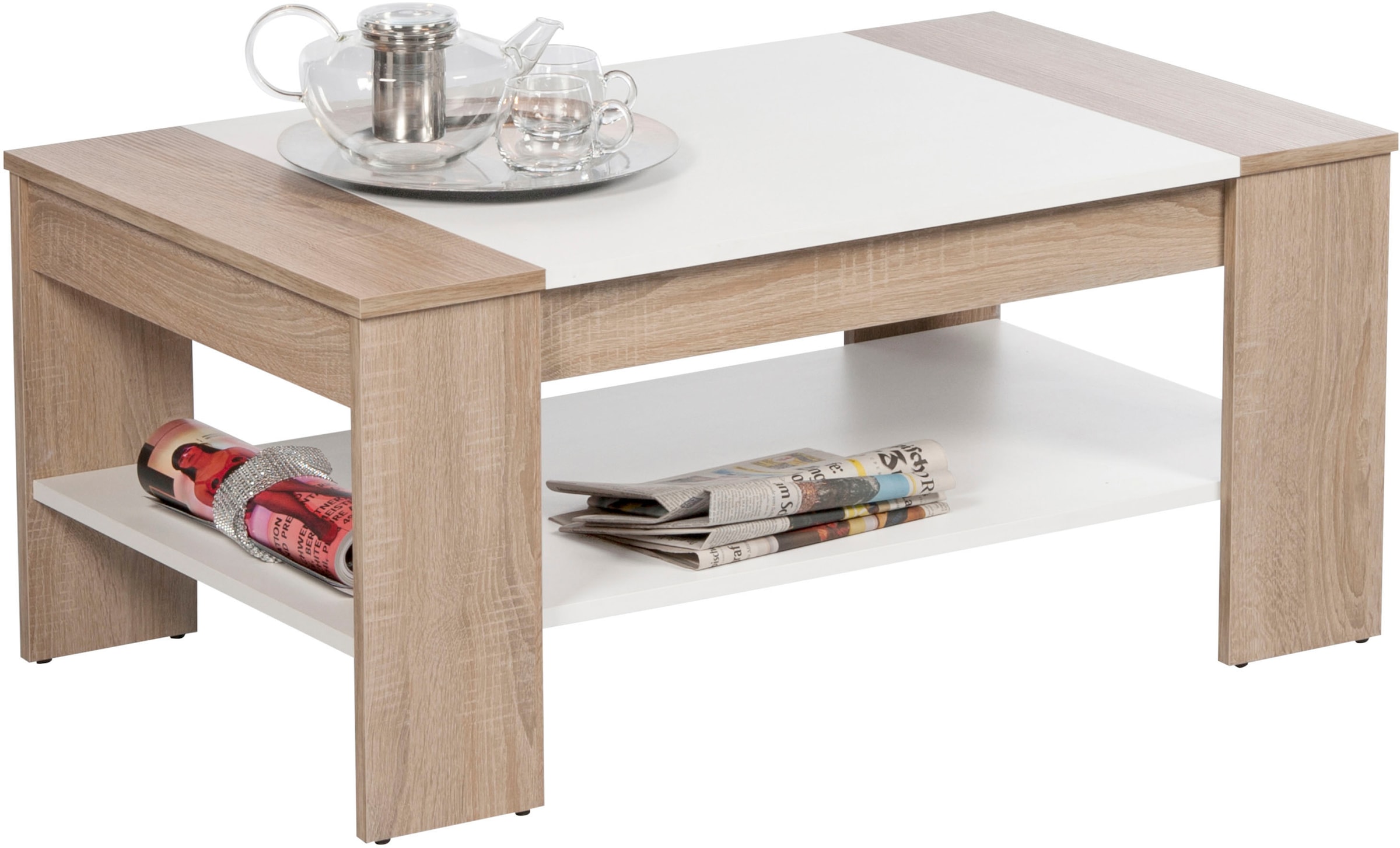 Image of Stolkom Couchtisch "Finley mit Ablageboden, Eiche Sonoma Weiss, BxHxT 100x44x58 cm" Couchtisch, OTTOs Choice, Schubladenfront mit Lamellen-Optik, Couchtisch rollbar