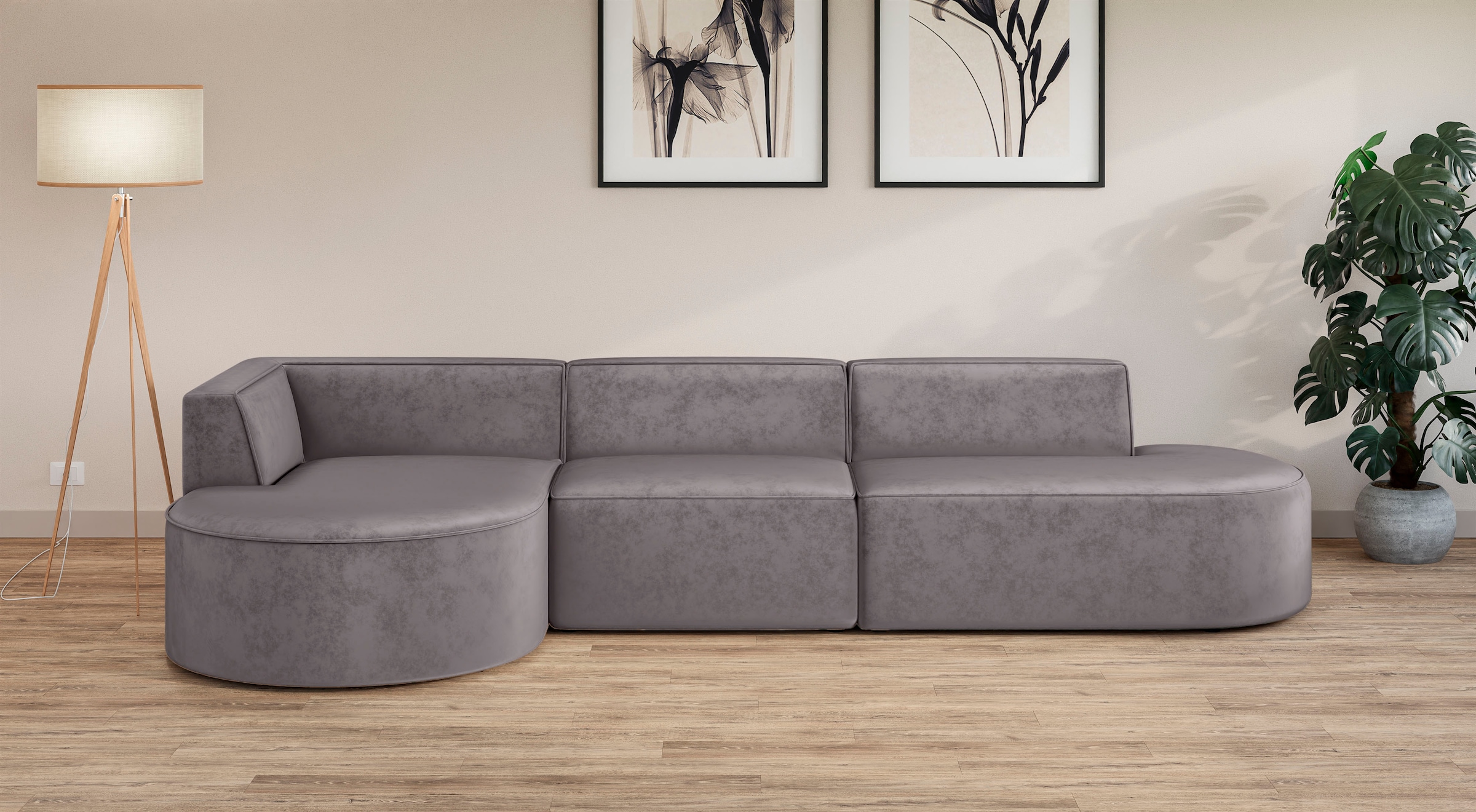 andas Ecksofa »EIVIND Designer Sofa mit Ottomane rechts/links, B/T/H: 343/159/72 cm«, L-Form mit Wellenunterfederung, auch in Feincord und Bouclé