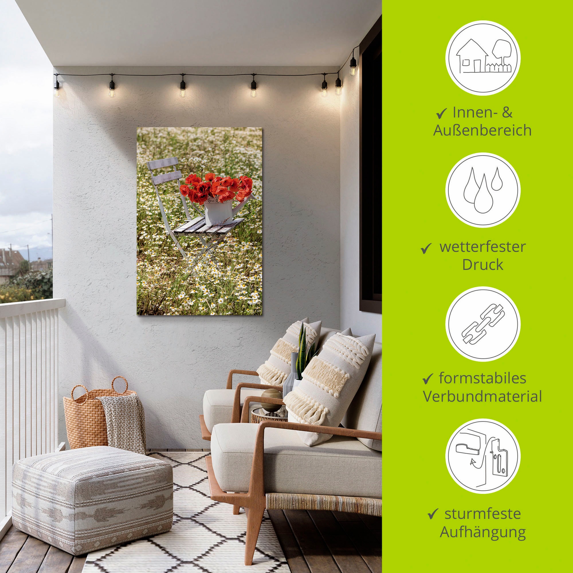 Artland Impression alu-dibond »Stuhl im Kamille Feld mit Mohnblüten« 1 cuis tlg. für Innen- und Aussenbereich geeignet, Outdoorbild