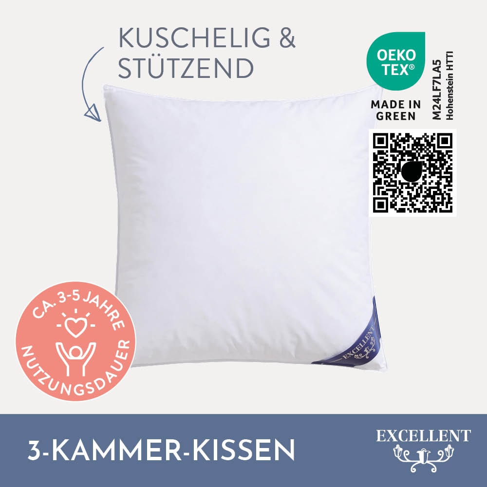 Excellent 3-Kammer-Kopfkissen »Wien«, Füllung: 60% Daunen / 40% Federn (Aussenkammern) und 100% Federn (Innenkammer), Bezug: 100% Baumwolle, (1 St.), Kopfkissen in 40x80 und 80x80 erhältlich