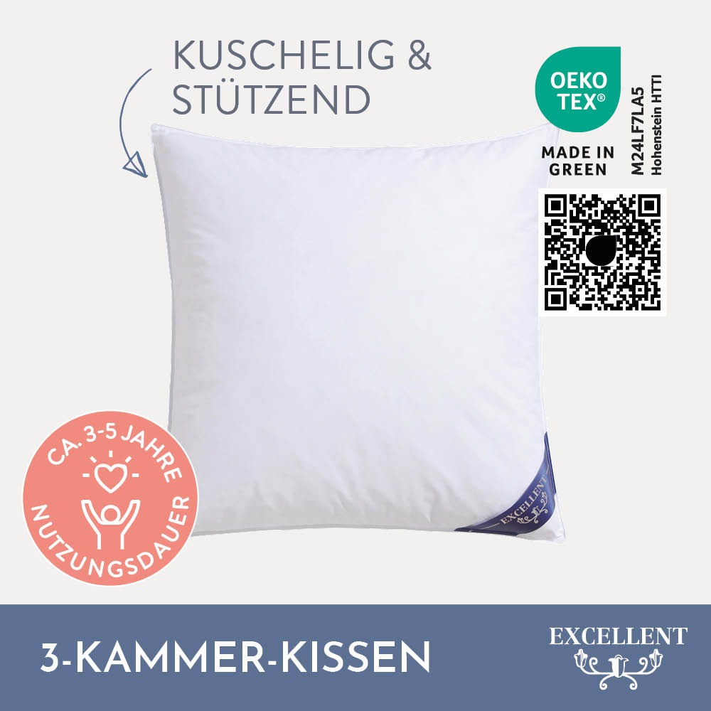 Excellent 3-Kammer-Kopfkissen "Wien" Füllung: 60Daunen40FedernAussenkammernund100FedernInnenkammer 1 Stk. tlg. Kopfkissen in 40x80 und 80x80 erhältlich