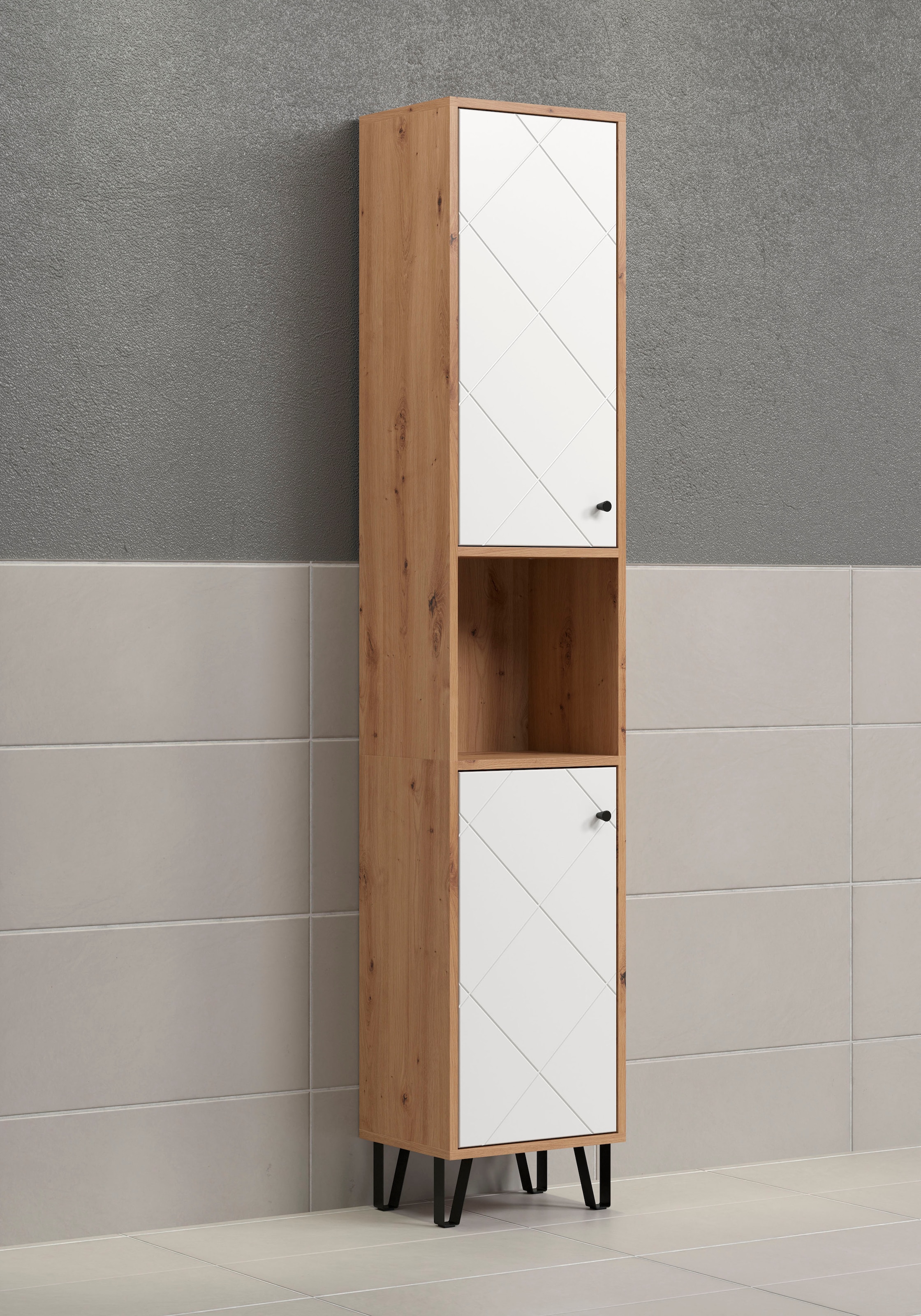Places of Style Hochschrank »Tarragona«, (1 St.), Breite 36 cm, 2 Türen, Retro Metallfüsse, matt, braune Holzoptik / weiss