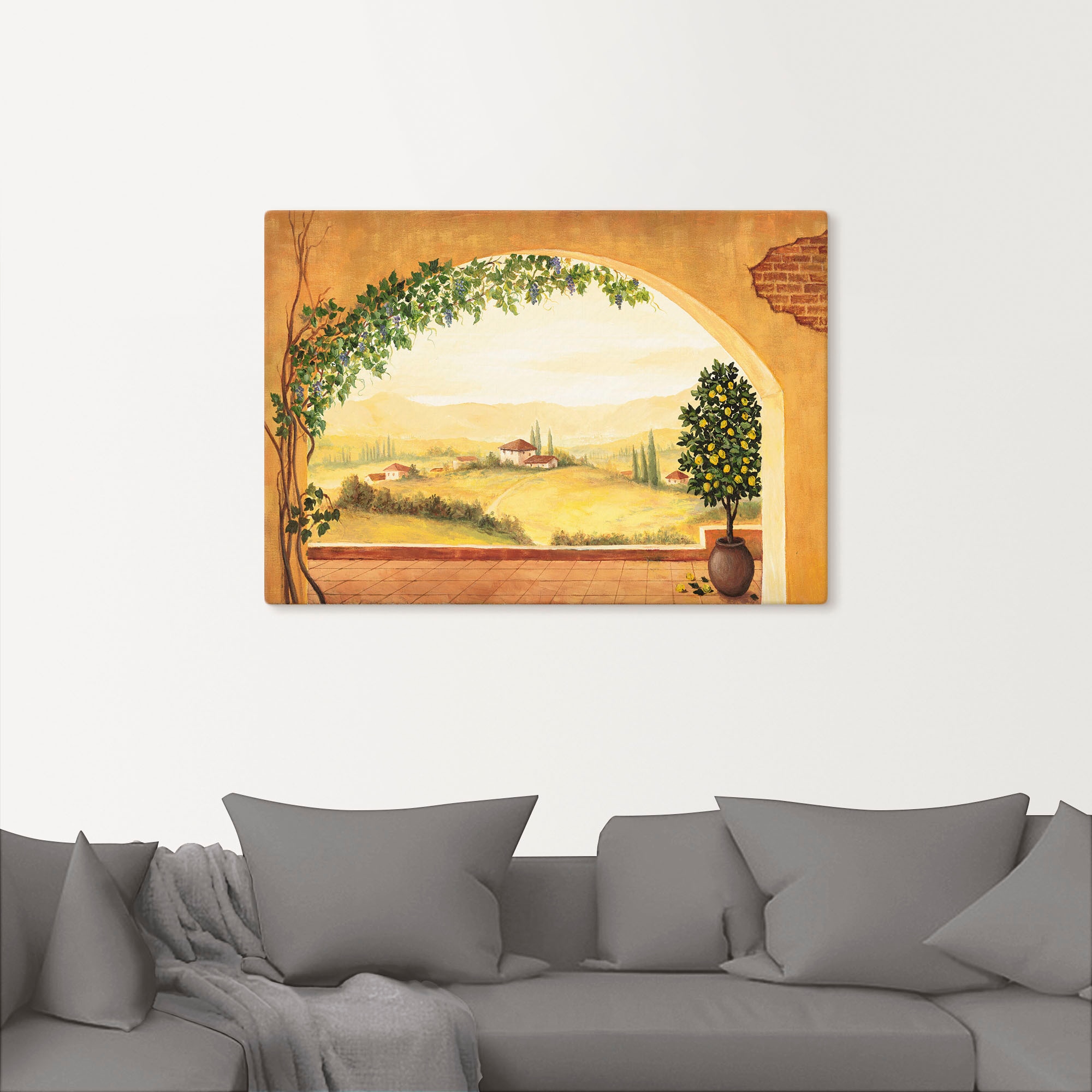 Artland Leinwandbild »Weinranken vor der Toskanalandschaft« Fensterblick 1 Stk. tlg. auf Holzrahmen gespannt