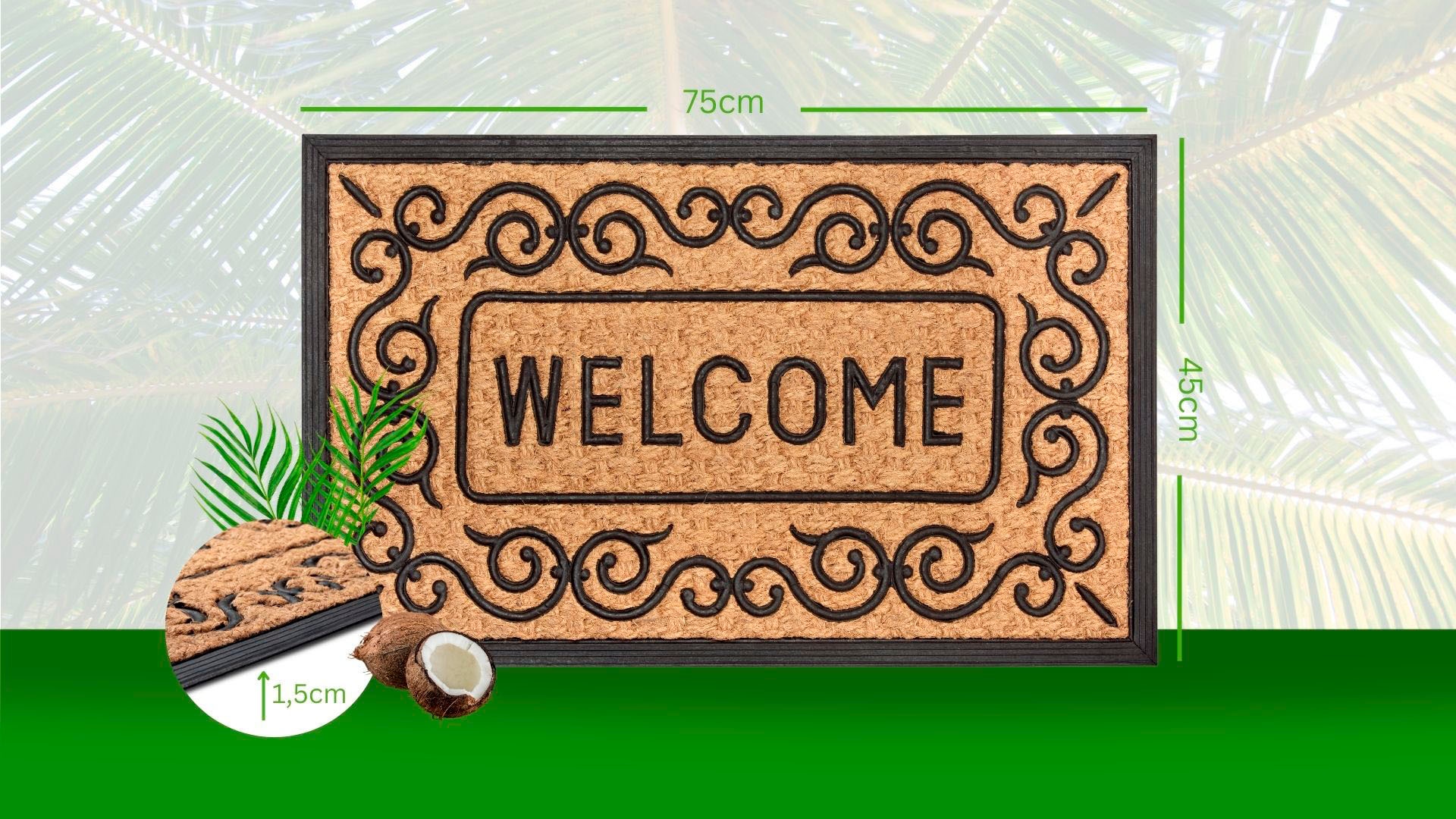 HANSE Home Fussmatte »Mix Mats Gummi-Kokos Welcome Floral Border, Türmatte«, rechteckig, 15 mm Höhe, Kokos, Gummi, Schmutzfangmatte, Outdoor, Rutschfest, Innen, Kokosmatte