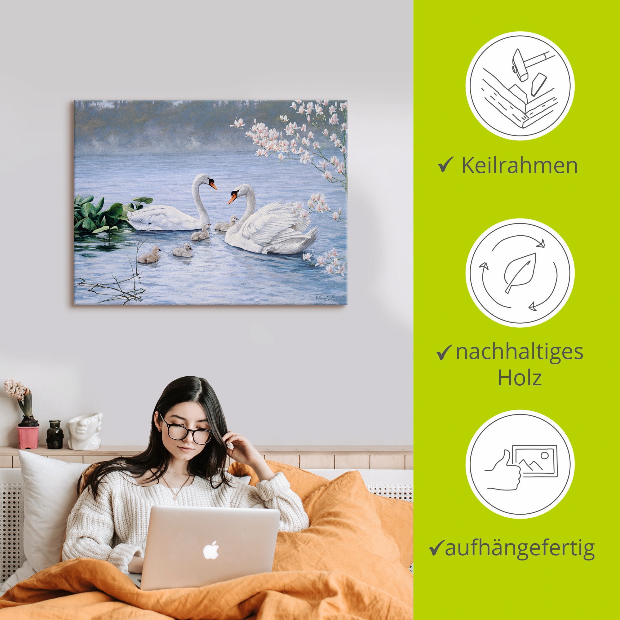 Artland Leinwandbild »Stolze Schwanenfamilie« Vögel 1 Stk. tlg. auf Holzrahmen gespannt