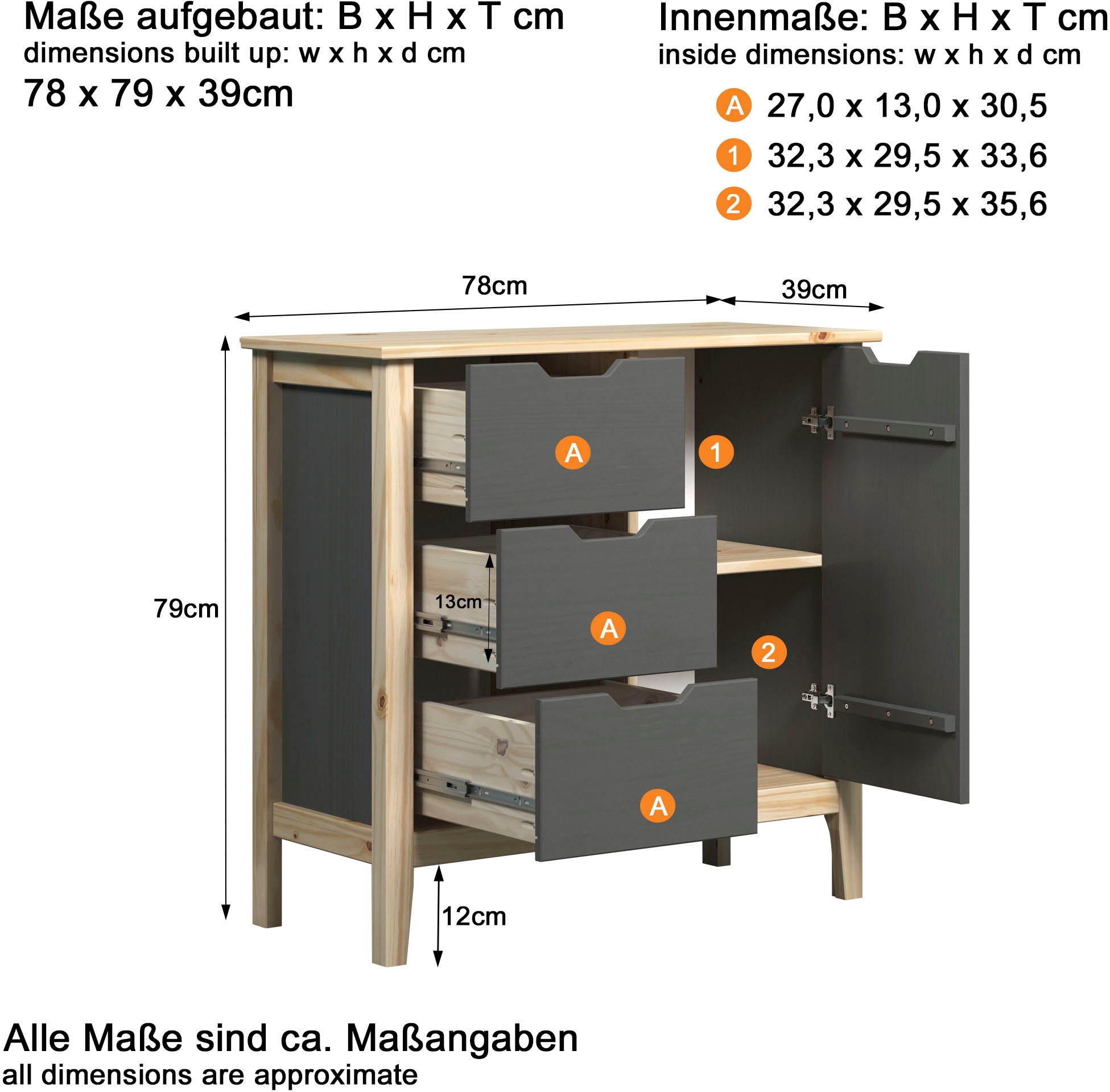 INTER-FURN Kommode »Latera«, (1 St.), Massivholz / Klarlack matt, Kiefer, B/H/T: 78 x 79 x 39 cm